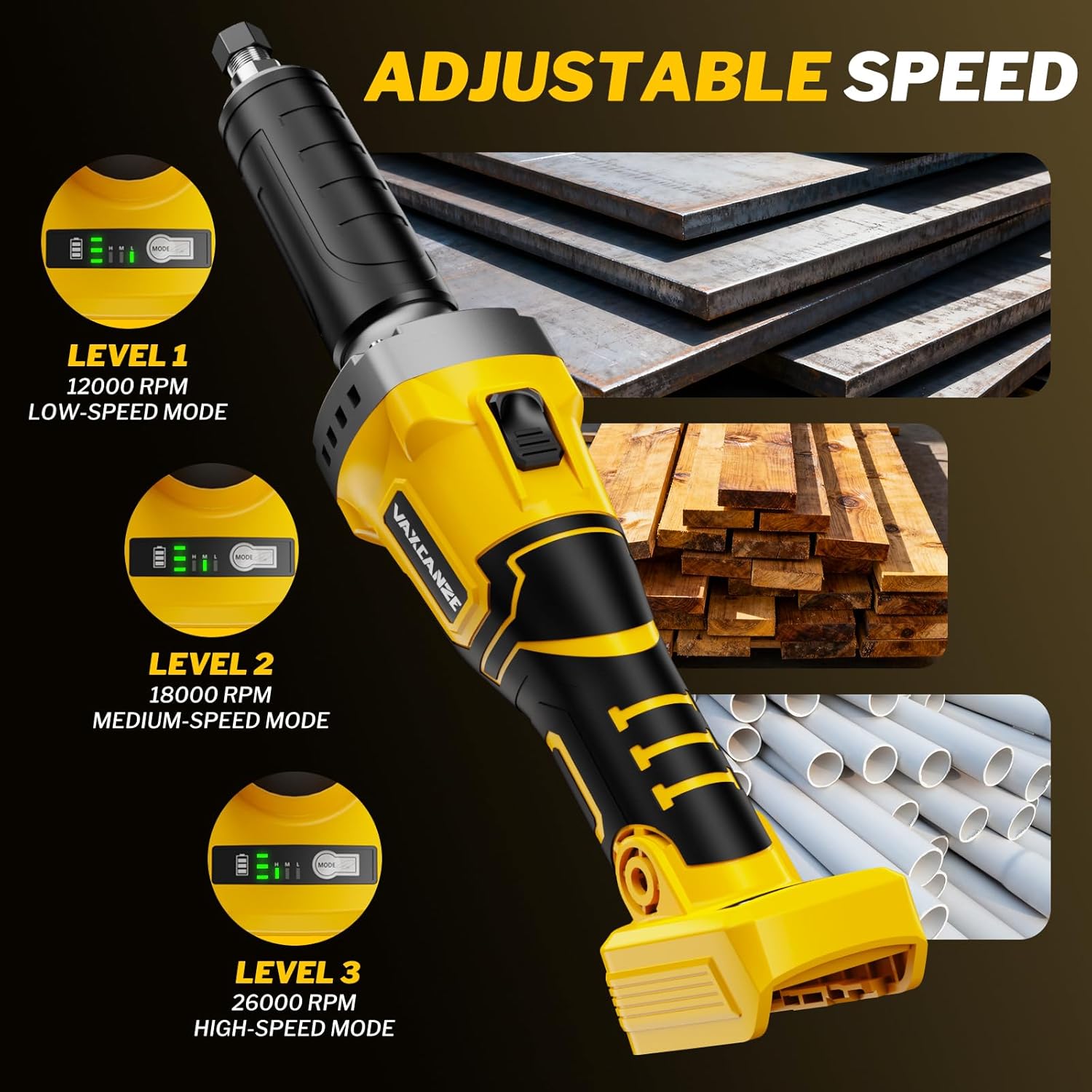 1100W Brushless Braking Die Grinder Compatible with Dewalt Battery, 3 Level Variable Speed Up to 26000RPM, 1/4" Precision Drill Chuck for Grinding, Polishing, Drilling (Batteries Not Included)
