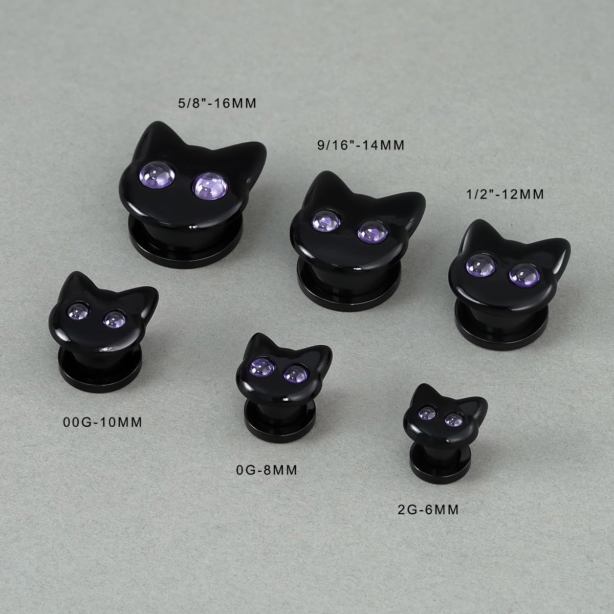 COOEAR Black Cat Ear Gauges, Unique Cartoon Ear Plugs, Stainless Steel Ear Tunnels.