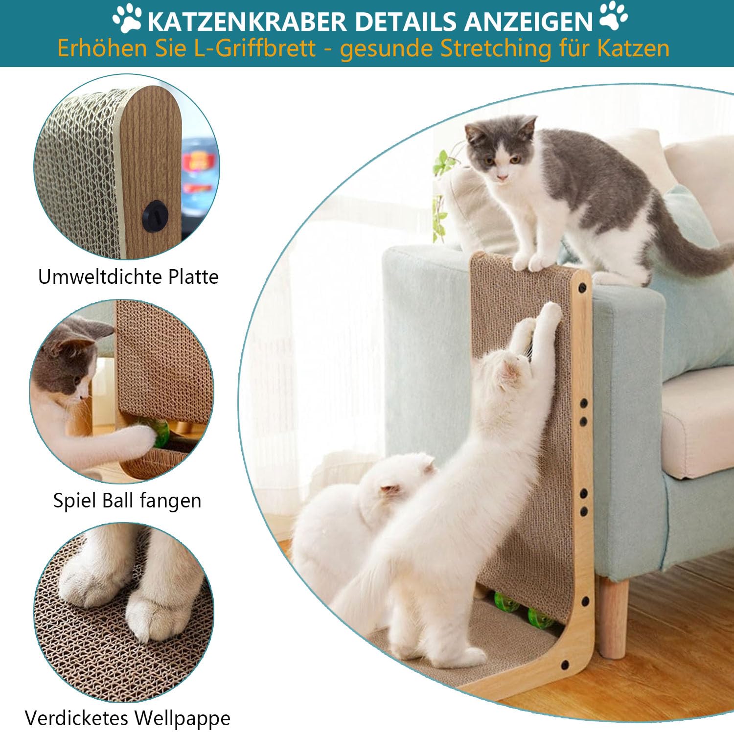 Rascador para gatos en forma de L montado en la pared, 60 cm, vertical/horizontal, de cartón con juguete de bola, diseño duradero que ahorra espacio para gatos de interior