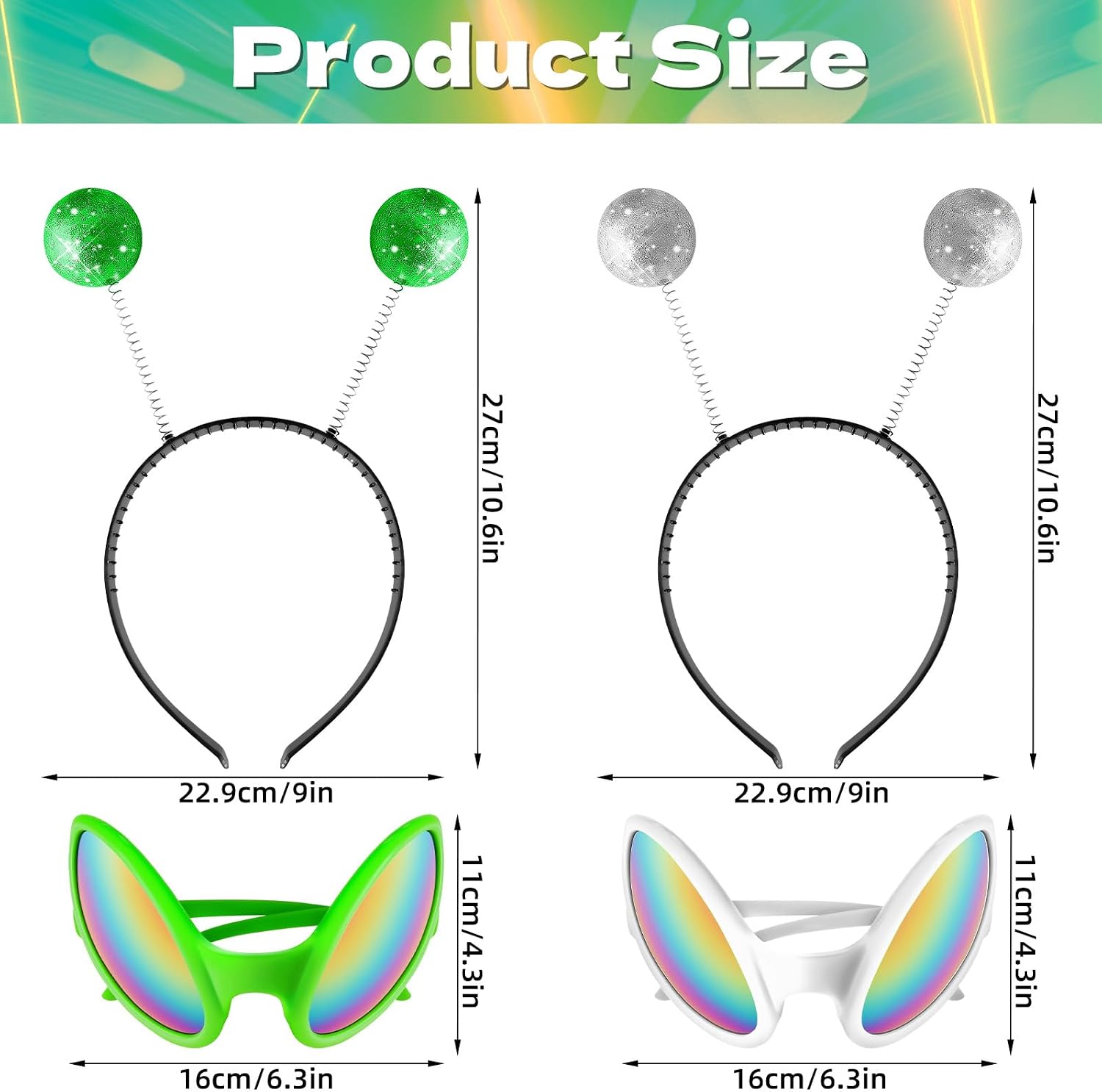 2 Set Alien Costume Accessories for Women, Silver & Green Antenna Headband, Holographic Alien Glasses for Halloween, Rave, Music Festival, Cosplay