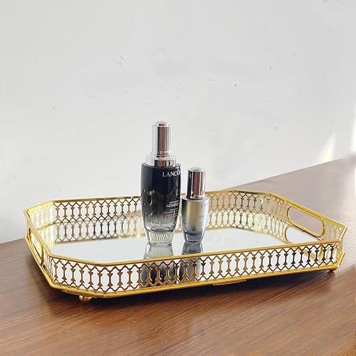 Miniatura 2 de Bandeja de perfume dorada, bandeja de espejo, bandeja de tocador, bandeja de vidrio, bandeja decorativa de metal rectangular, bandeja organizadora
