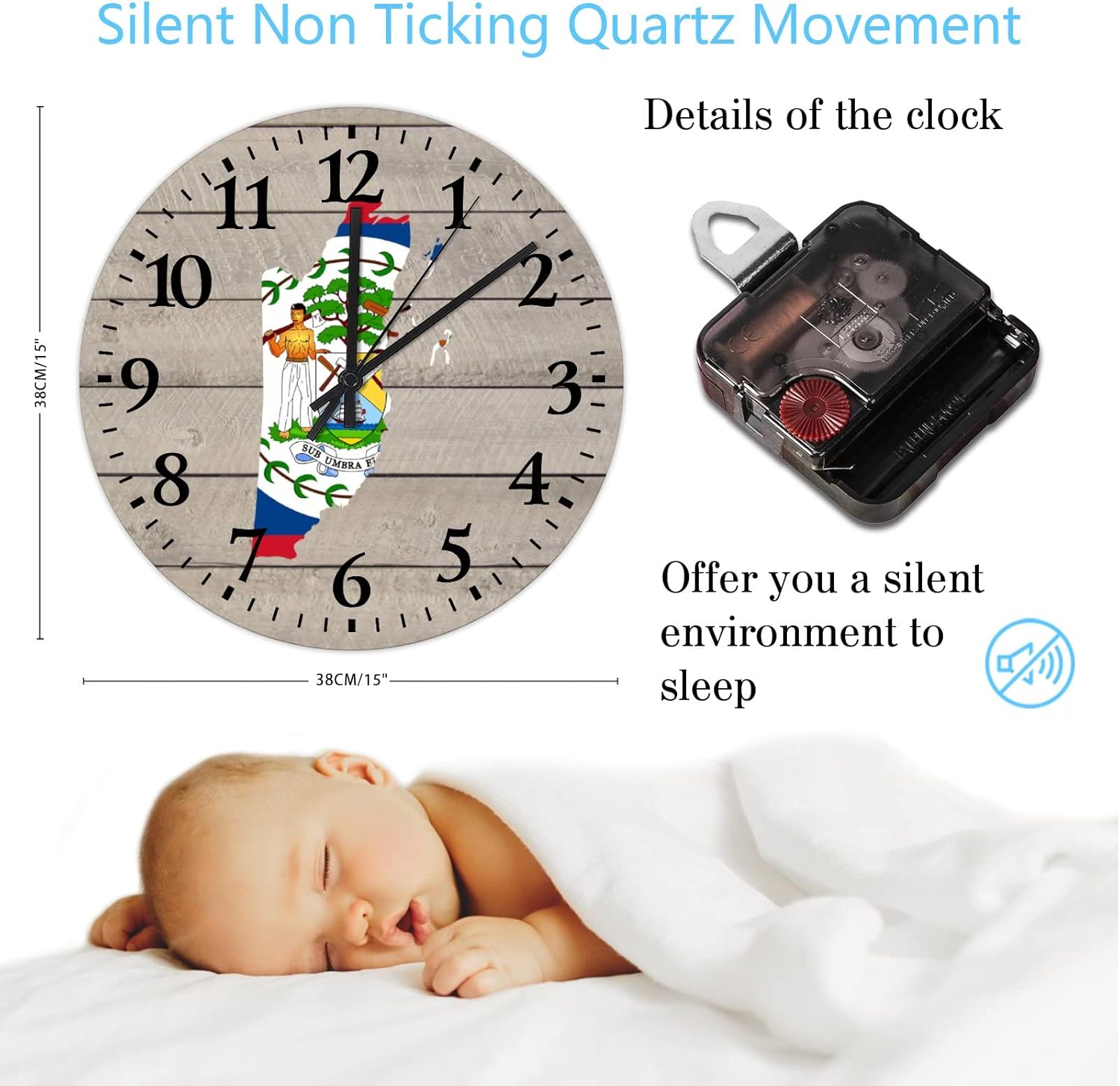 15 Inch National Flag Belize Outline Wooden Wall Clocks Battery Operated Map Outline Vintage Wood Print Wall Clock Arabic Numbers Round Clock for Kids Room and Kitchen