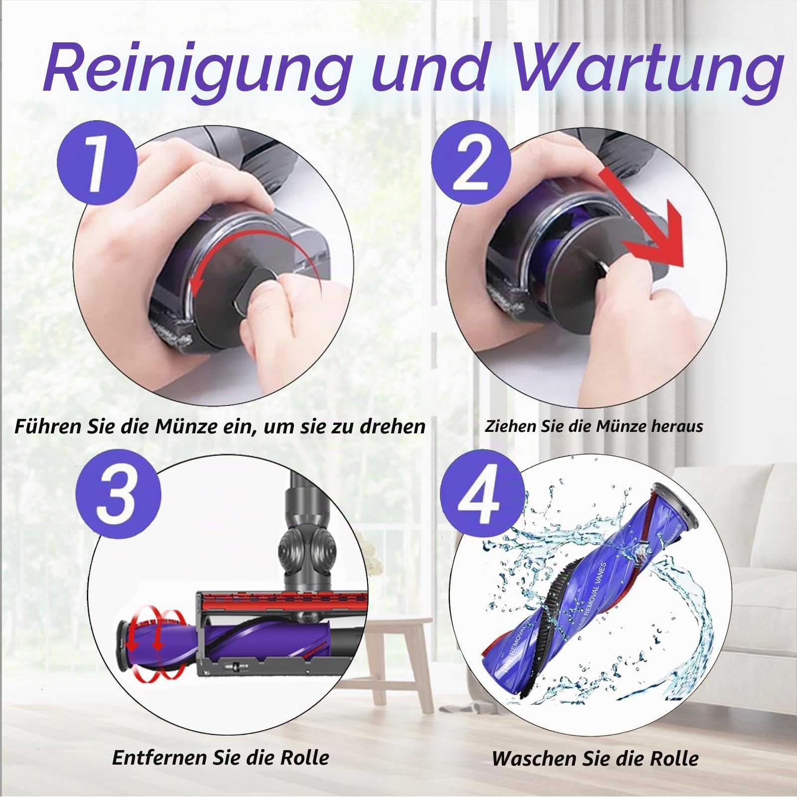 Elektrische Bürste Kompatibel für Dyson Staubsauger V7 V8 V10 V11 V15, Ersatzteil Direktantrieb Reiniger Kopf, Turbobürste Bodendüse Zubehör Ersatzteile für Hartboden Kacheln und Teppiche