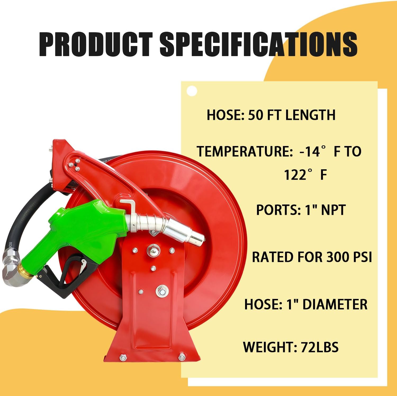 Fuel Hose Reel,Ratchet Spring-Driven Retractable 1"x 50' Diesel Hose Reel W/Swivel, AUTO Fuel Nozzle,SS Eblow Barb Fitting,300 PSI,1"NPT Inlet,1" Outlet Heavy Duty Steel Construction