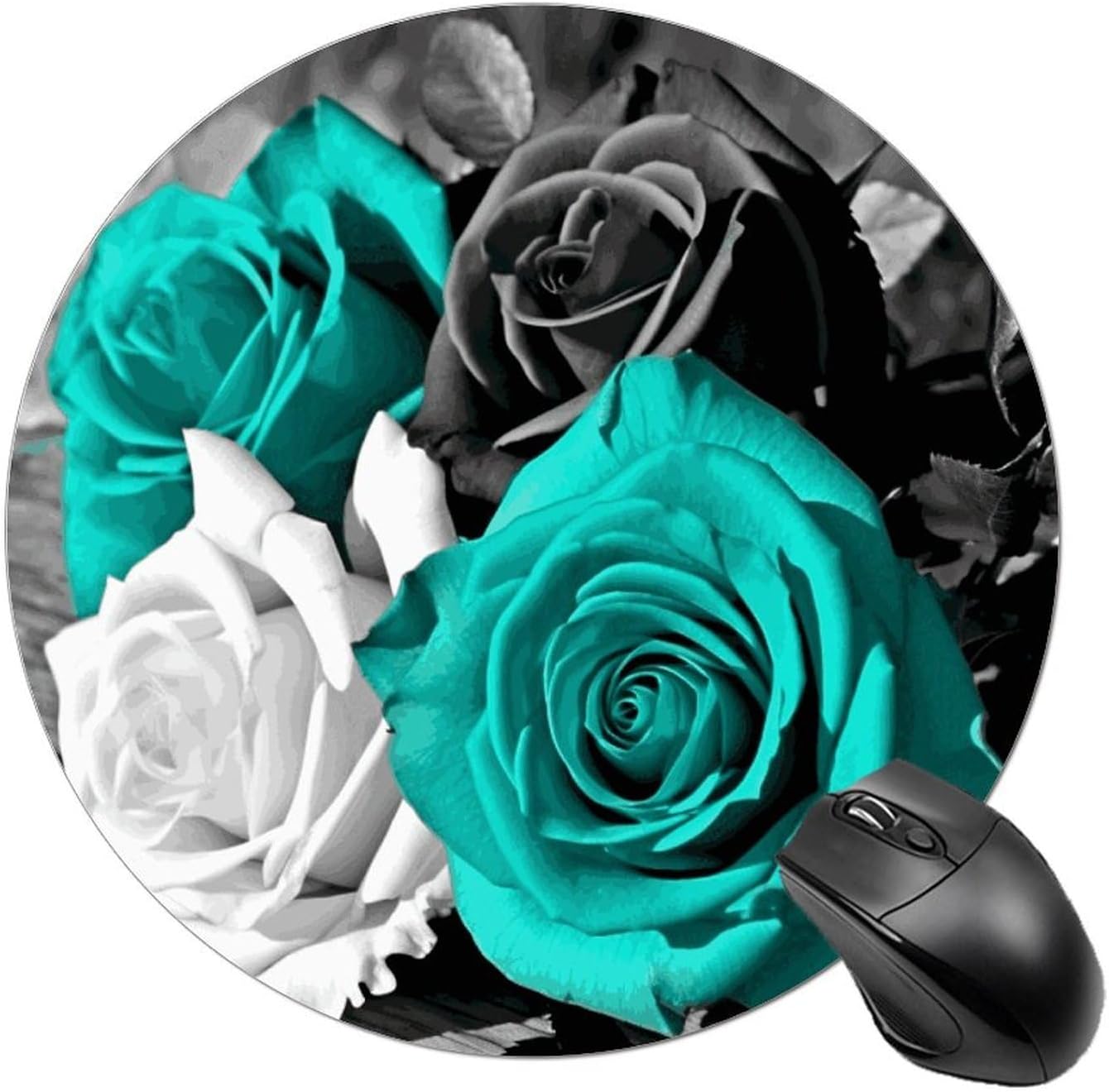 Black White Teal Gray Rose Flowers Mouse Pad Non-Slip Rubber Base Mouse Mat Smooth Surface Stitched Edges Mousepad Aesthetic Durable Compatible with All Mice for Office & Gaming, Desk Accessory