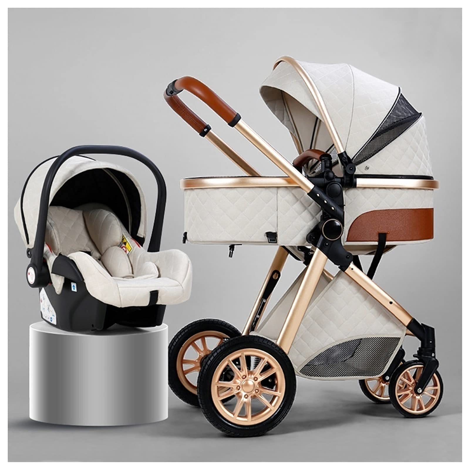 3 in 1 Stroller, Baby Carriage Stroller Adjustable High Landscape Newborn Bassinet Strollers Infant Pram Pushchairs with Rain Cover Mosquito Net for 0-36 Months Babies Boys Girls (Color : Brown)