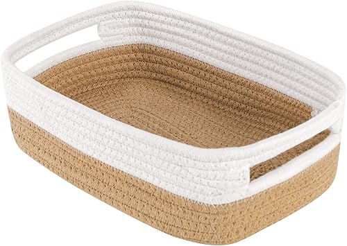 Cestas tejidas para organizar con asas, cestas de almacenamiento de cuerda de algodón natural de 12 x 8 x 5 pulgadas para estantes, cesta de