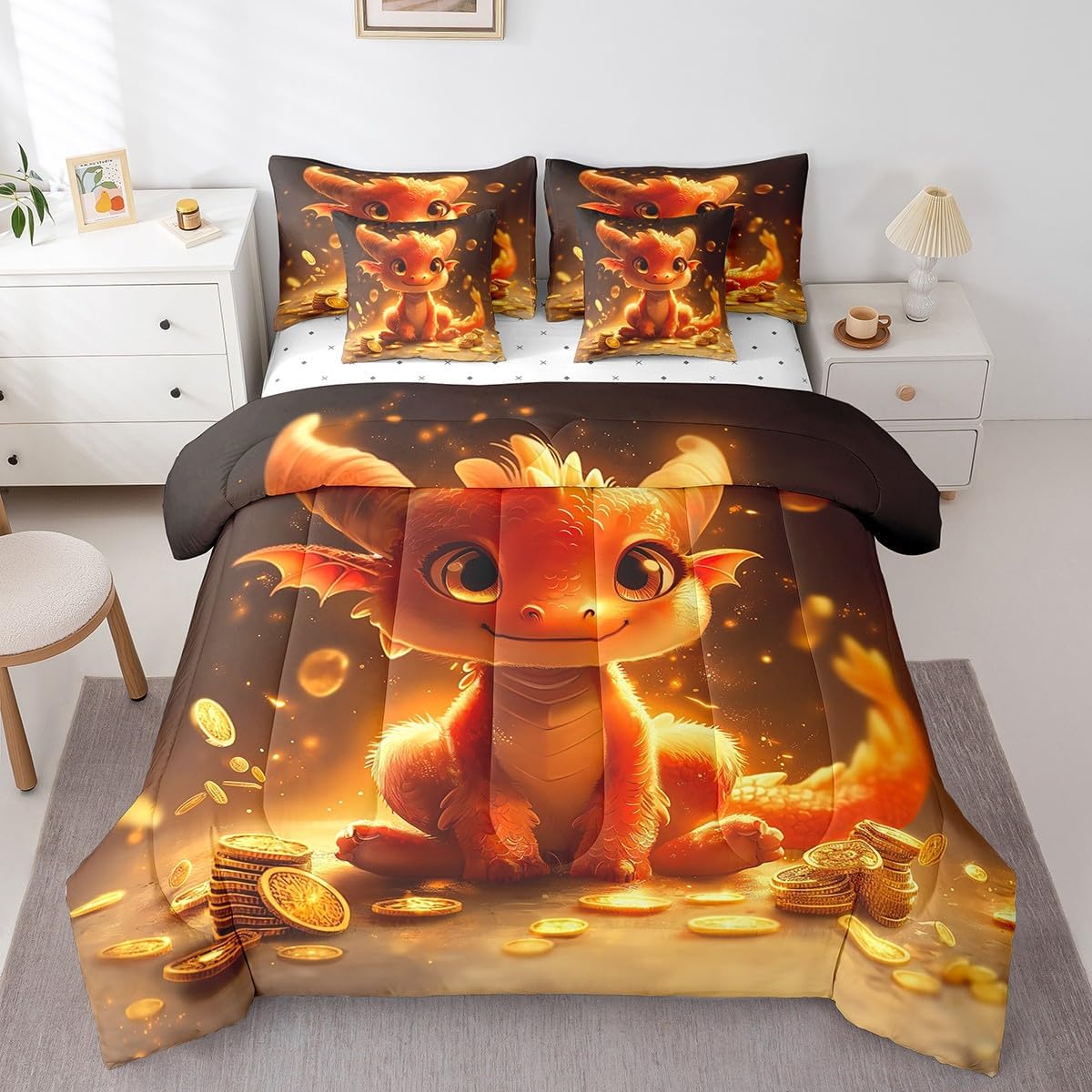 Erosebridal 7Pcs Cartoon Dragon Comforter Sets Twin Size