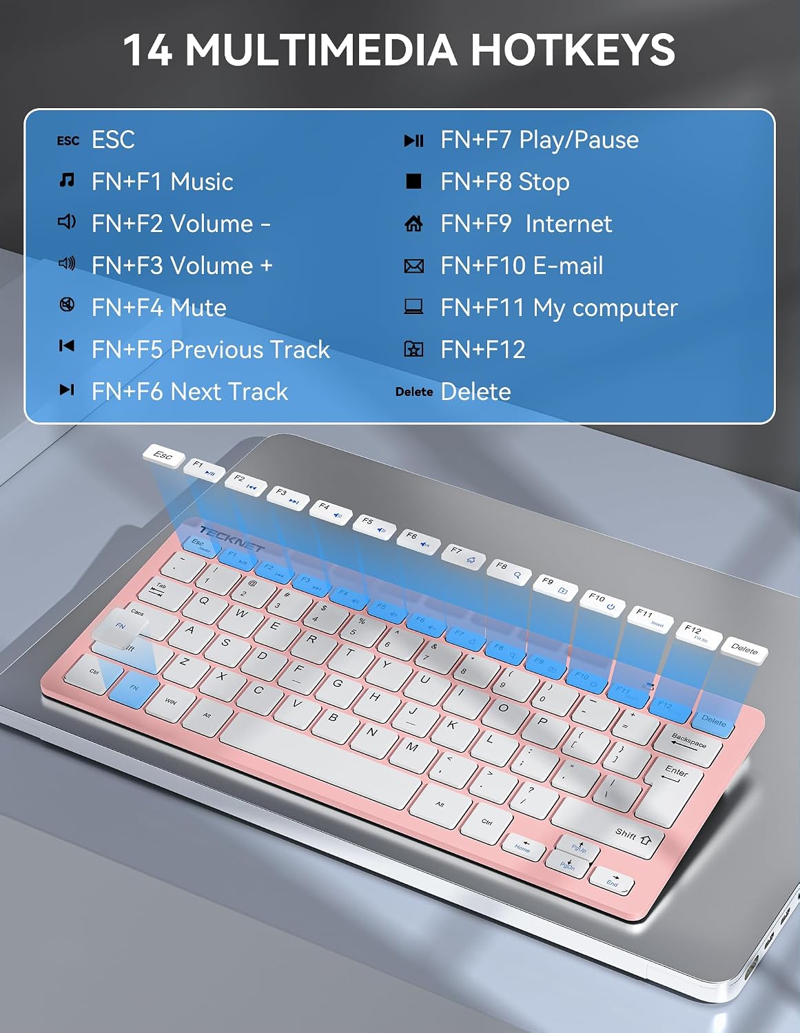 TECKNET 2.4G Wireless Keyboard - Mini Compact Keyboard with Media Hotkeys, 12-Month Battery Life, Compatible with PC, Desktop, Laptop, Smart TV - Pink