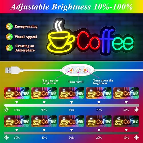 Miniatura 2 de Letreros de neón de café para decoración de pared, letrero de barra de café, regulable, alimentado por USB, luces de neón para cafetería, estación