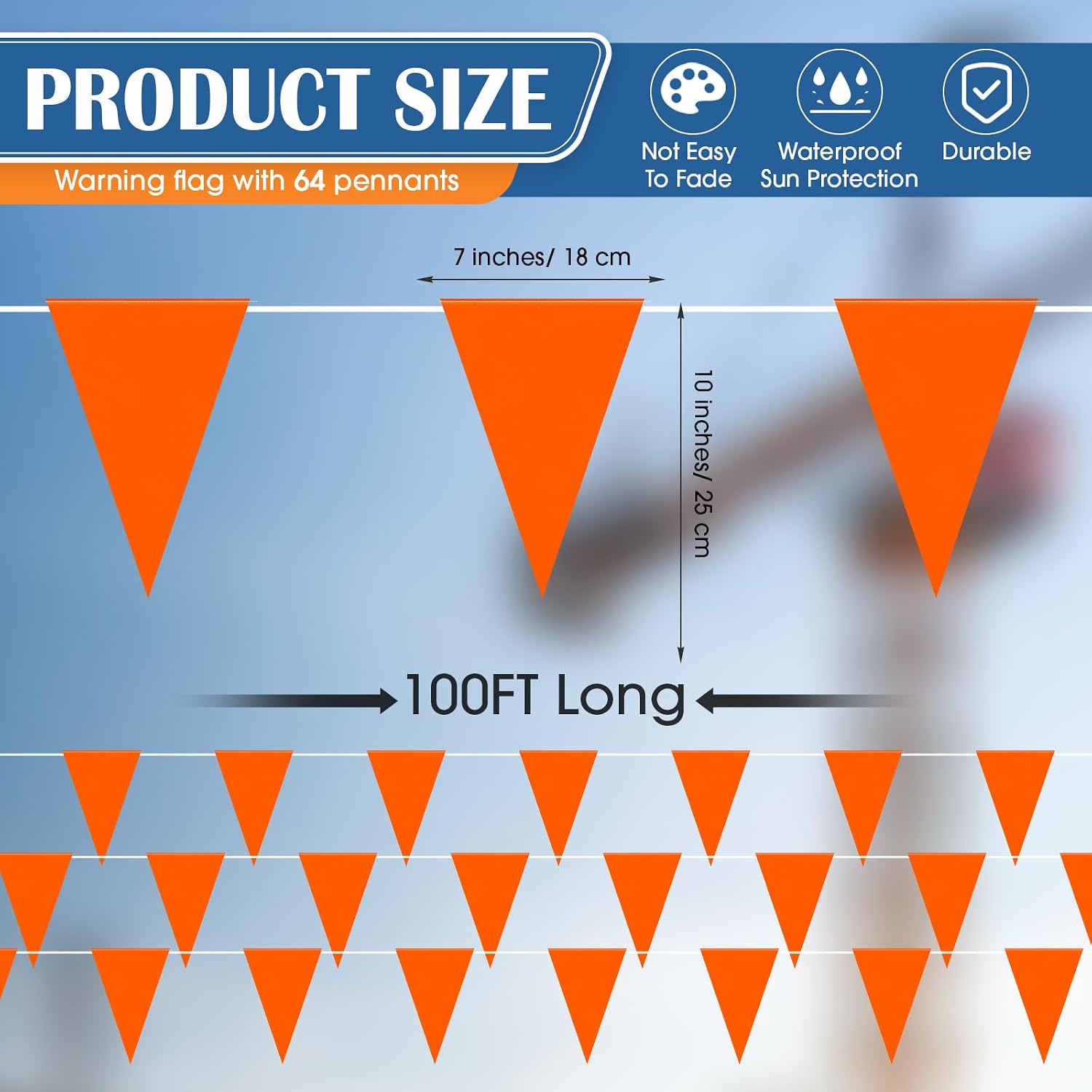 100ft Pennant Safety Flags Outdoor Banner Warning Flagging Banner Marking for Grand Opening Parking Lot Events, Construction Site, Traffic Control, Sporting Events, 7x10inch(Orange)