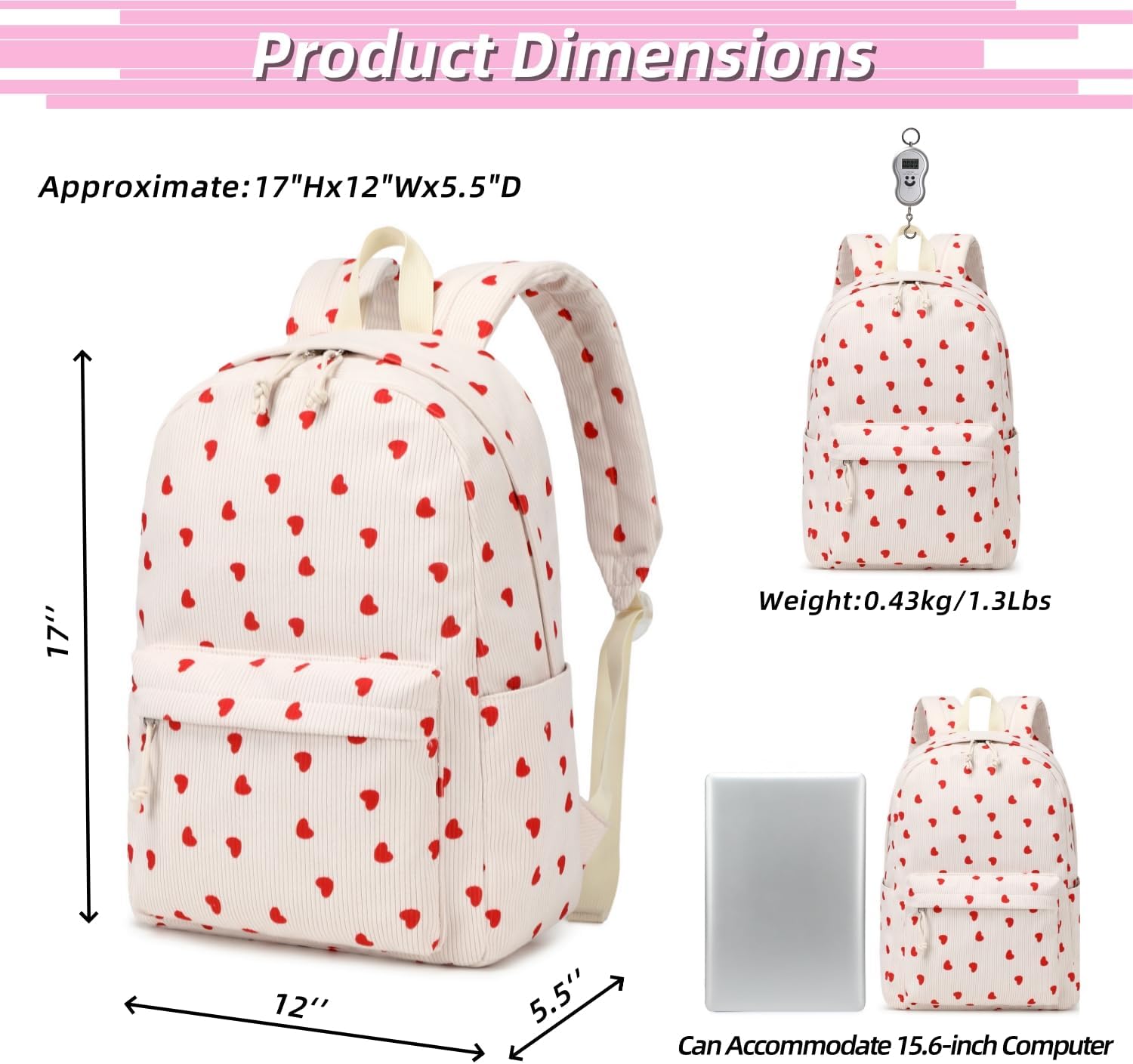 MSKYWU Teenage Girls Backpack High School College Bookbag Corduroy Laptop Bag Casual Travel Daypack - Beige - Image 5