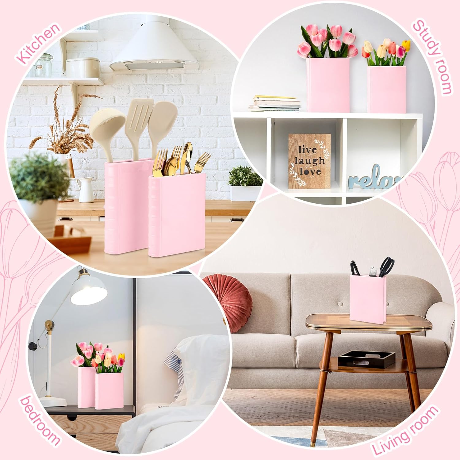 Vesici 2 Pcs Ceramic Book Shape Vase for Flowers Gifts for Christmas Cute Bookshelf Decor Vase for Book Lovers Gifts Unique Vases Home Decor for Bookshelf Dining Table Office Home(Pink)