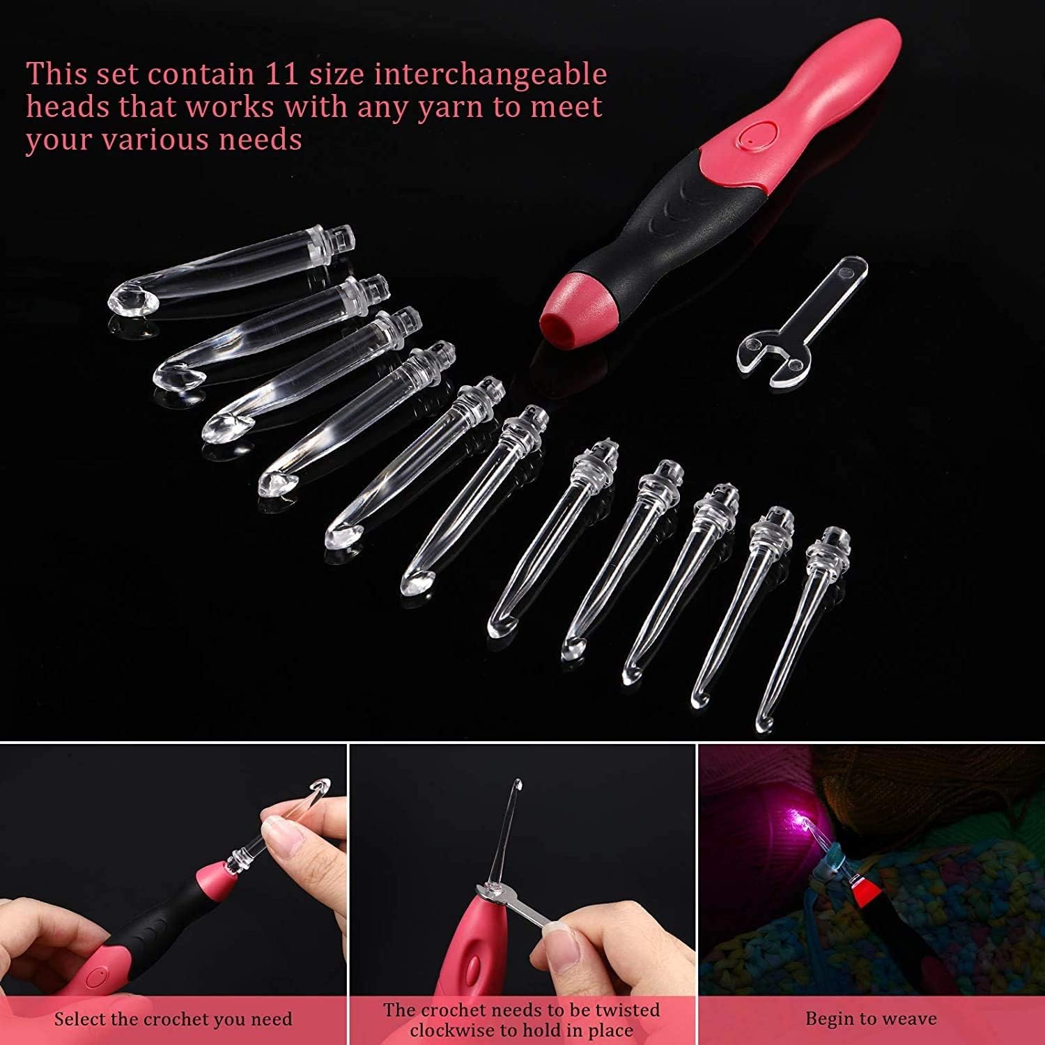 Knitly Lighted Crochet Hook,11 Size Interchangeable Heads 2.5mm to 8.0mm with Ergonomic Grip Handles,Rechargeable Light Up Crochet Hook with Woven Case for Arthritic Hands