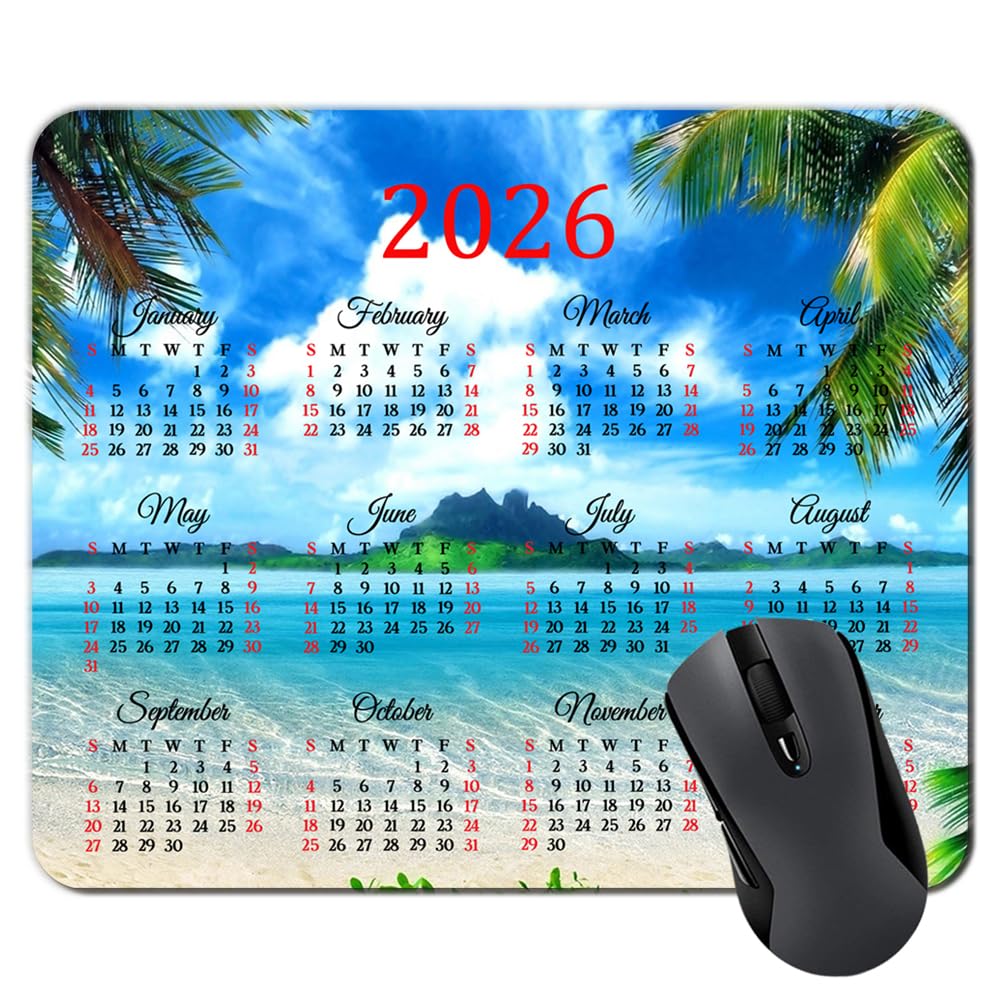 2026 Calendar HD Font Tropical Beach Coconut PalmTrees Mouse Pad,Non-Slip Personalized Rectangular, Size: 9.5 x 7.9 inches…