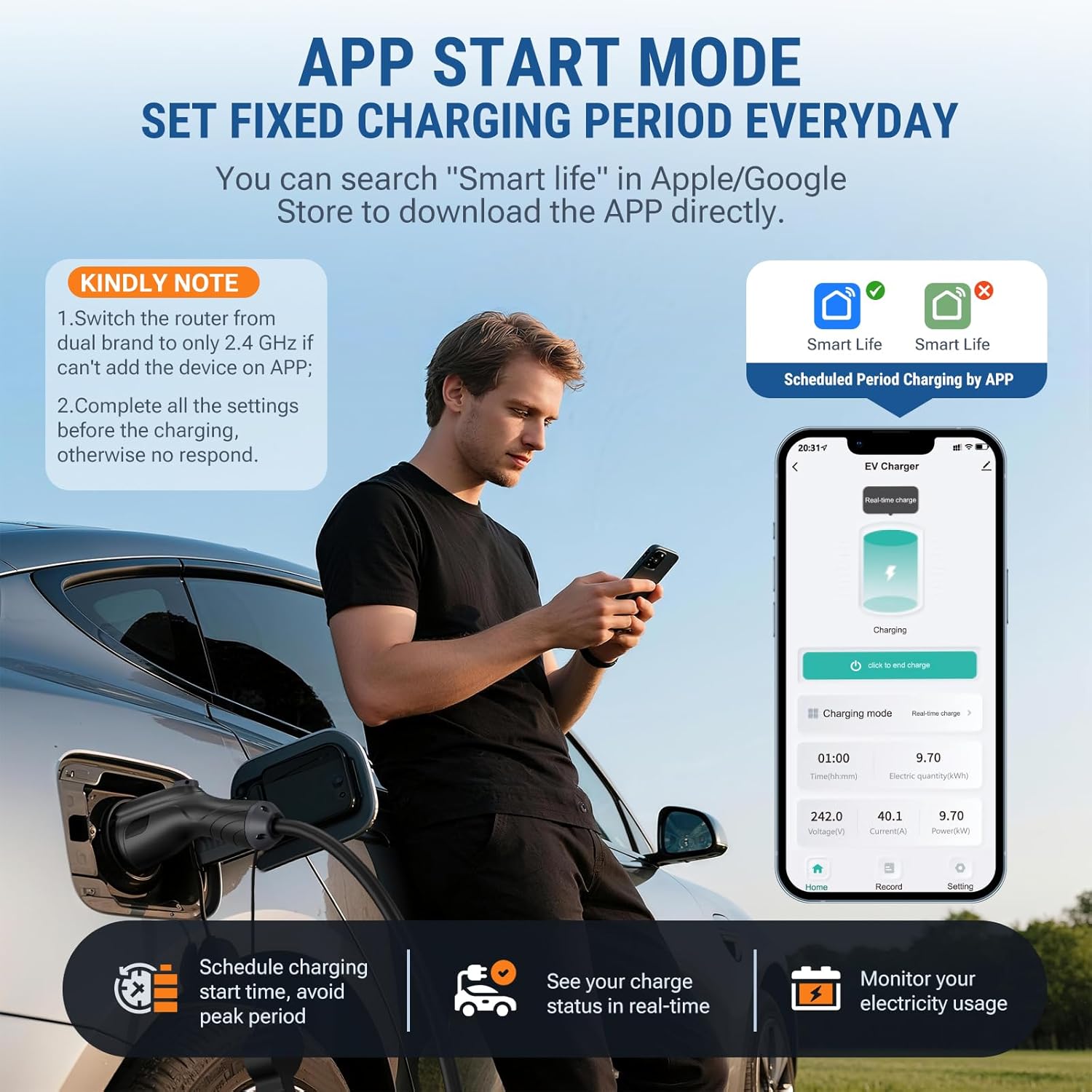 Level 2 EV Charger 40Amp with WiFi APP/Plug-Play, 240V NEMA 14-50P Plug, 25FT Cable with ETL Certified, Portable Electric Vehicle Charging Stations EVSE J1772 Connector (40A j1772 Connector)