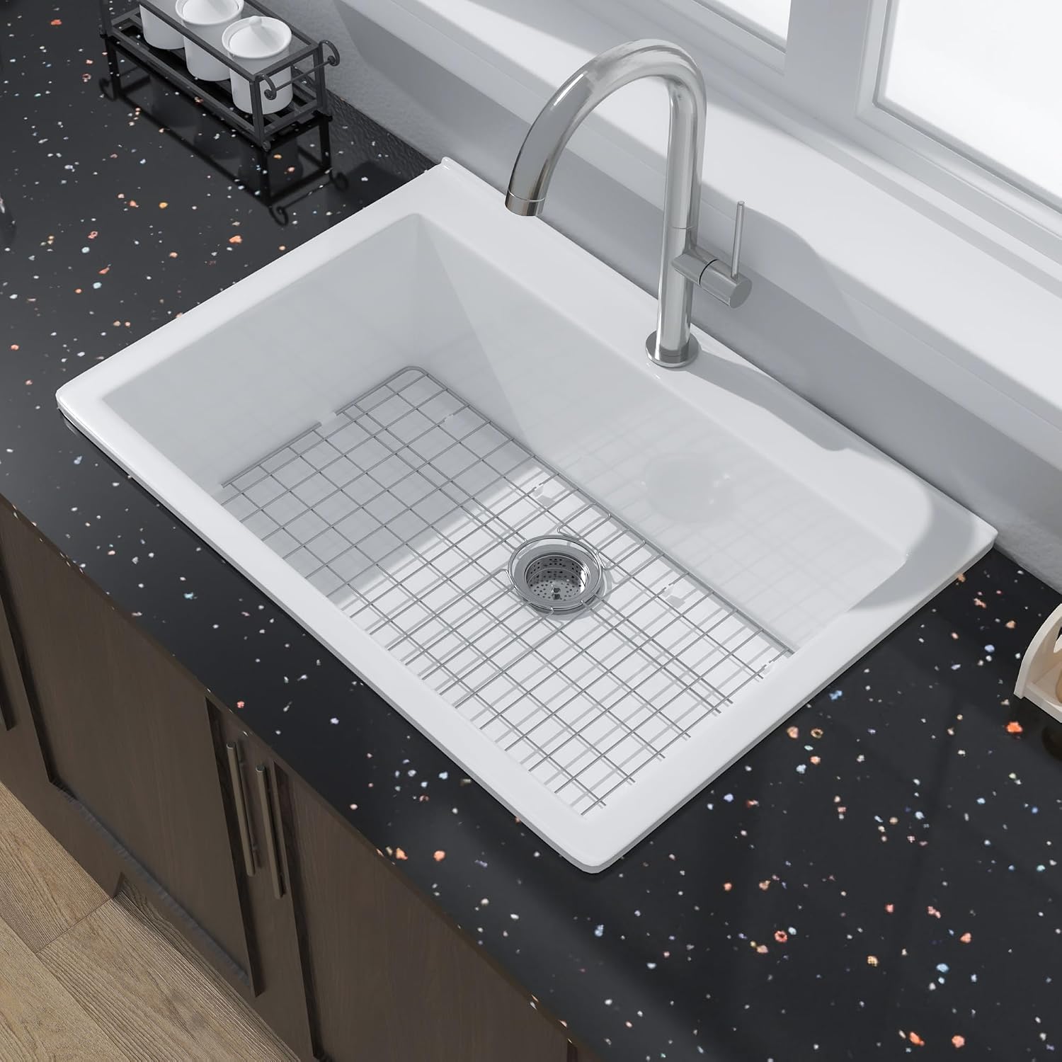 Miuara White Kitchen Sink Drop In 30 Inch 1 Hole - Topmount Fireclay Sink 30"x22" Heavy Duty Single Bowl, with Customed Stainless Steel Bottom Grid & Drain Strainer, for Kitchen & Laundry