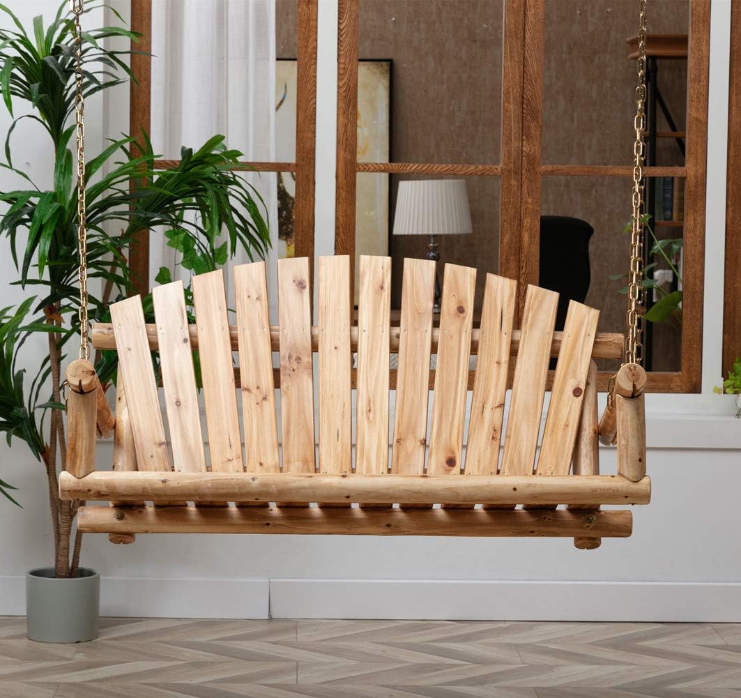 Outdoor Porch Swing Front Porch Hanging Wooden Bench Swing 2 Seat Chair for Garden, Patio, Backyard, Playground, Log Wood 800Lbs, 4 Ft, Brown