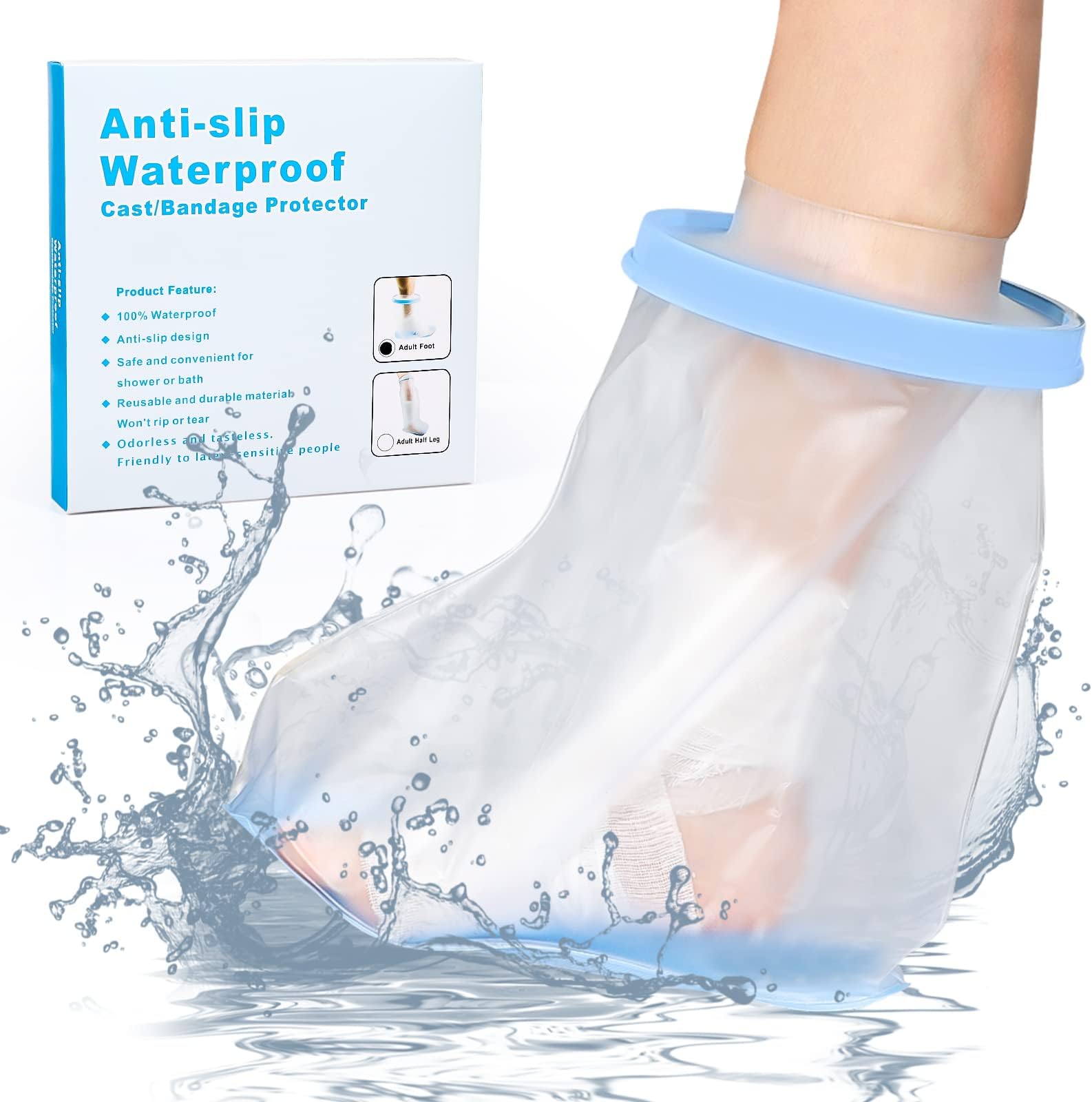 Waterproof Foot Cast Covers for Shower Adult with Non-slip Padding Bottom, Watertight Ankle Cast Protector Keep Wounds Dry