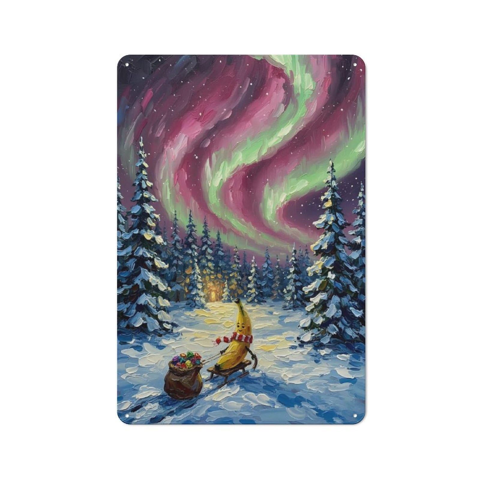 Junmoney Style-2 Banana Sleigh Ride Under Aurora Borealis Rustic Tin Wall Plaque 30X20cm For Hobby Room Or Studio, A Christmas Gift For People Styling Hobby Room And Studio