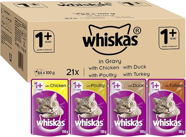 Whiskas wet pouches, delicious and tasty mixed selection in gravy, suitable for adult cats aged 1+, megapack (84 x 100 g)