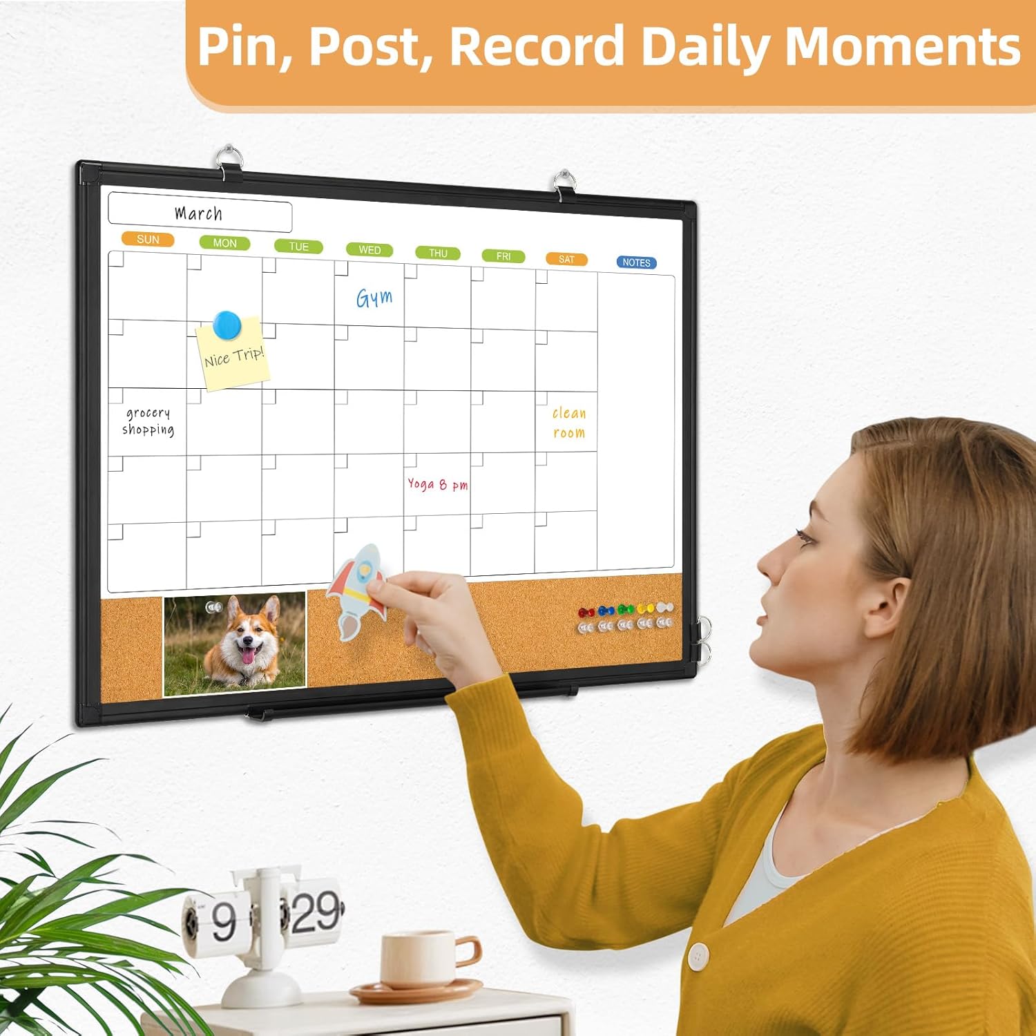 Dry Erase Calendar Whiteboard for Wall, WALGLASS 24" x 18" Double-Sided Monthly Calendar White Board Cork Combo, Black Aluminum Frame Hanging Wall Mounted Bulletin Corkboards for Home, Office, School