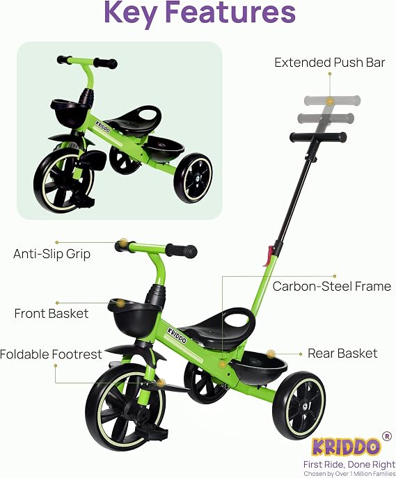 KRIDDO 2-in-1 Toddler Tricycle with Push Handle: Ages 18 Months to 5 Years