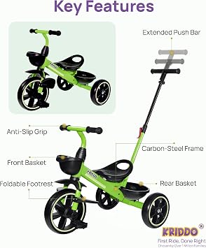 KRIDDO 2-in-1 Toddler Tricycle with Push Handle: Ages 18 Months to 5 Years