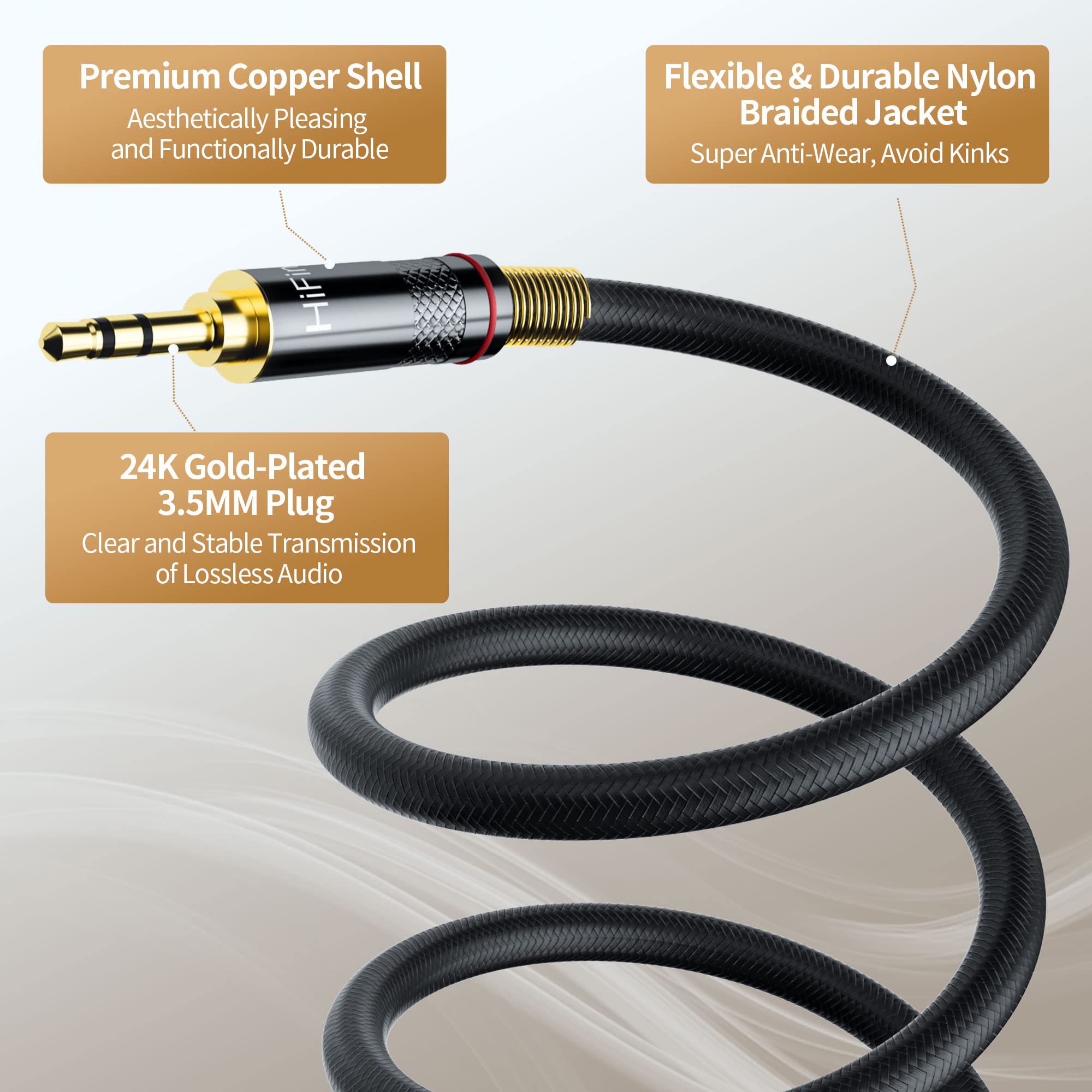 HiFind Geflochtenes 3,5 mm Aux-Kabel (Echter HiFi-Sound, versilbertes Kupfer, SR-geschirmtes Federkern), 3,5 mm geflochtenes Stereo-Audiokabel für Kopfhörer, Auto, Stereoanlage, Lautsprecher, Telefone
