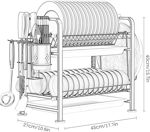 Miniatura 9 de Escurridor de platos de 2 niveles, escurridor de platos con soporte para utensilios, escurridor de acero inoxidable 304 con estante para tabla de
