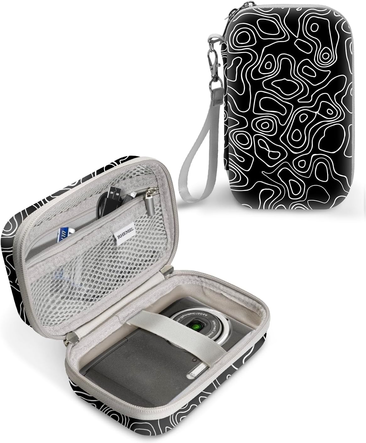 Digital Camera Case Compatible with KODAK PIXPRO FZ55 / FZ45, CAMKORY, Compact Travel Camera Bag with Mesh Pouch for SD Card, Cable & Accessories, Black Wave Portable Camera Carrying Case