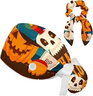 FVQL 2 Pieces Surgical Cap for Long Hair Scrub Cap with Hairband Nurse Cap, Halloween Pattern Skull and Pumpkin