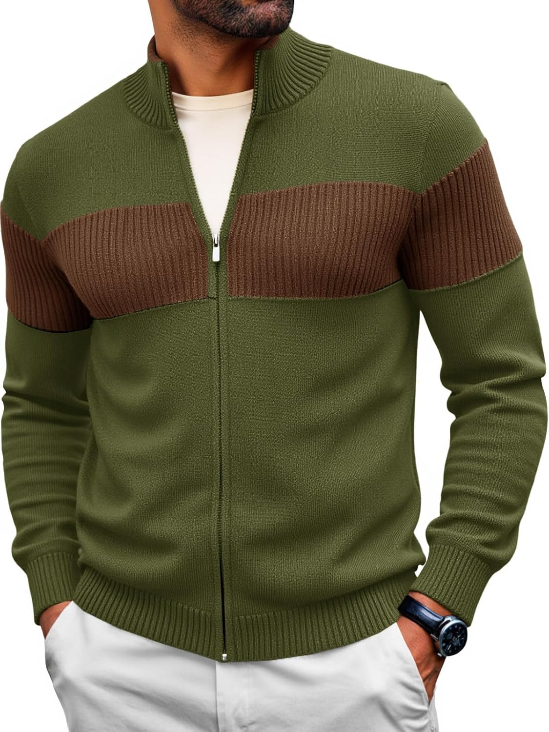 Runcati Mens Full Zip Cardigan Sweater Casual Knit Stand Collar Cardigan Slim Fit Color Block Fall Winter Sweaters