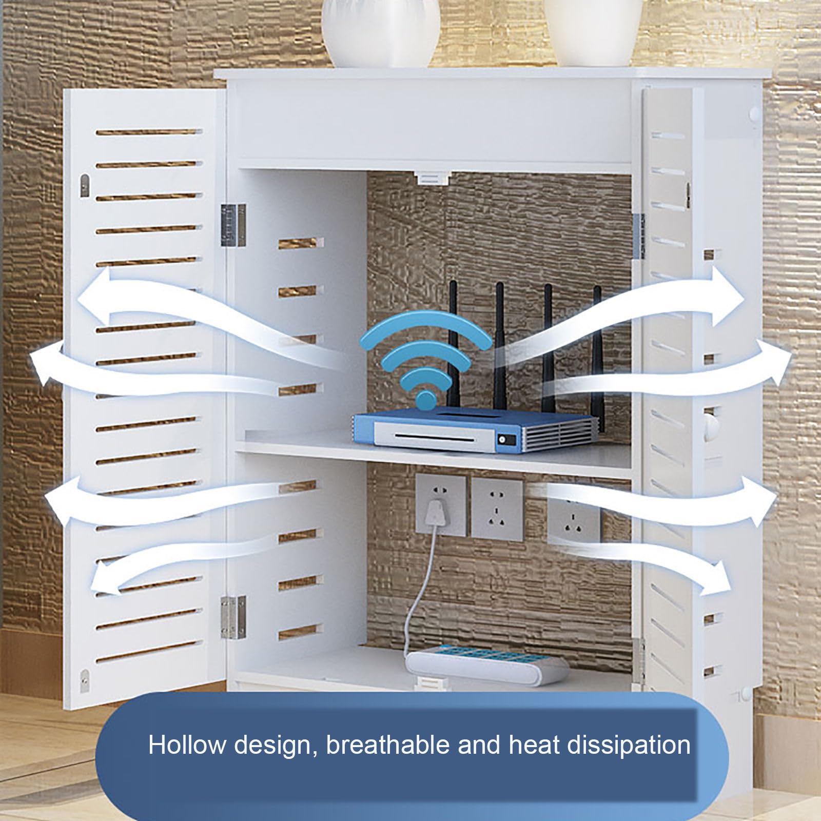 Caja de almacenamiento para enrutador WiFi, estante de madera de 2 capas con puerta de armario, regleta decorativa y caja oculta de gestión de cables para organización de escritorio