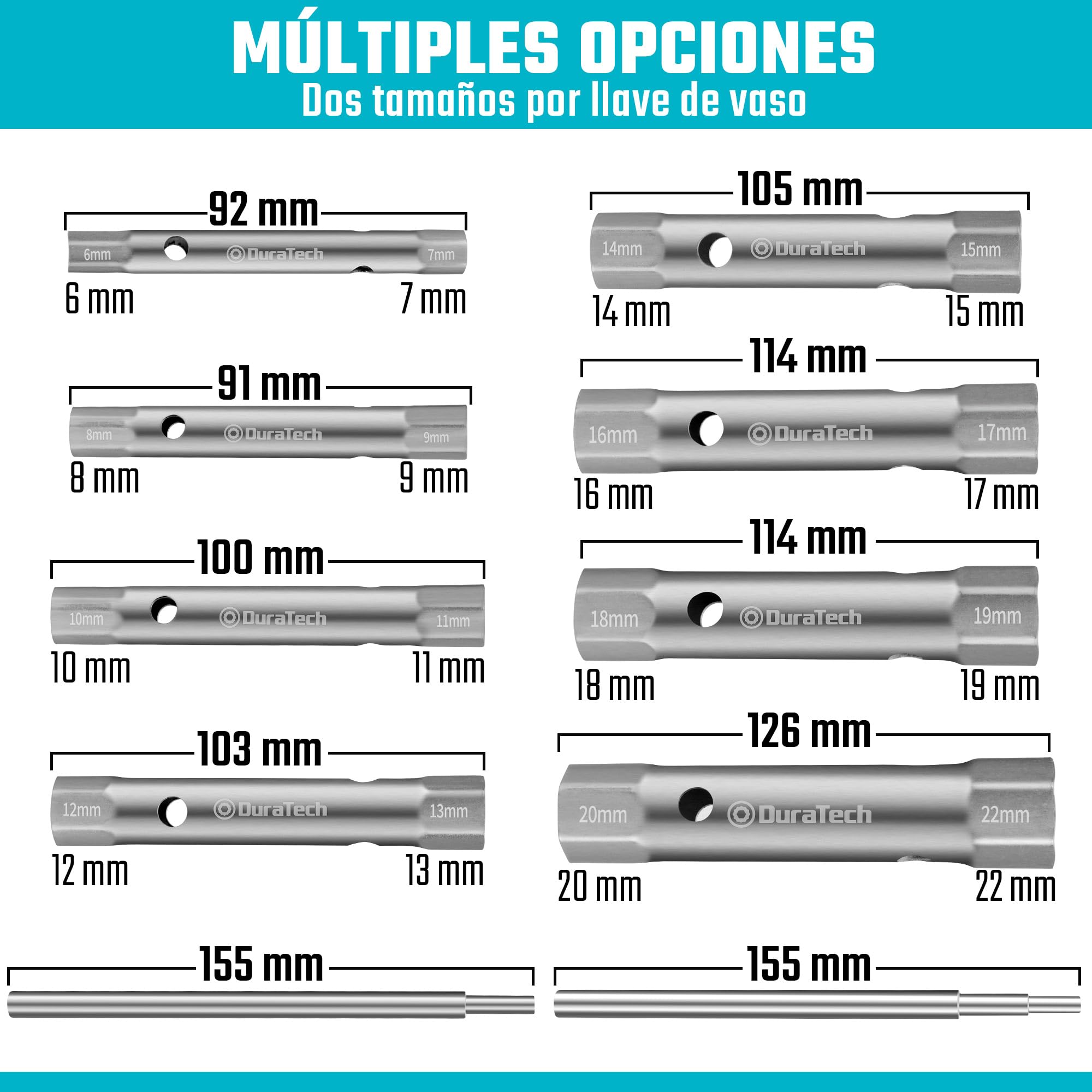 DURATECH Juego de 10 llaves de tubo con 2 barras de palanca, métrico, 6-22 mm, juego de llaves para contratuercas para fontanería, instalaciones y reparaciones de vehículos