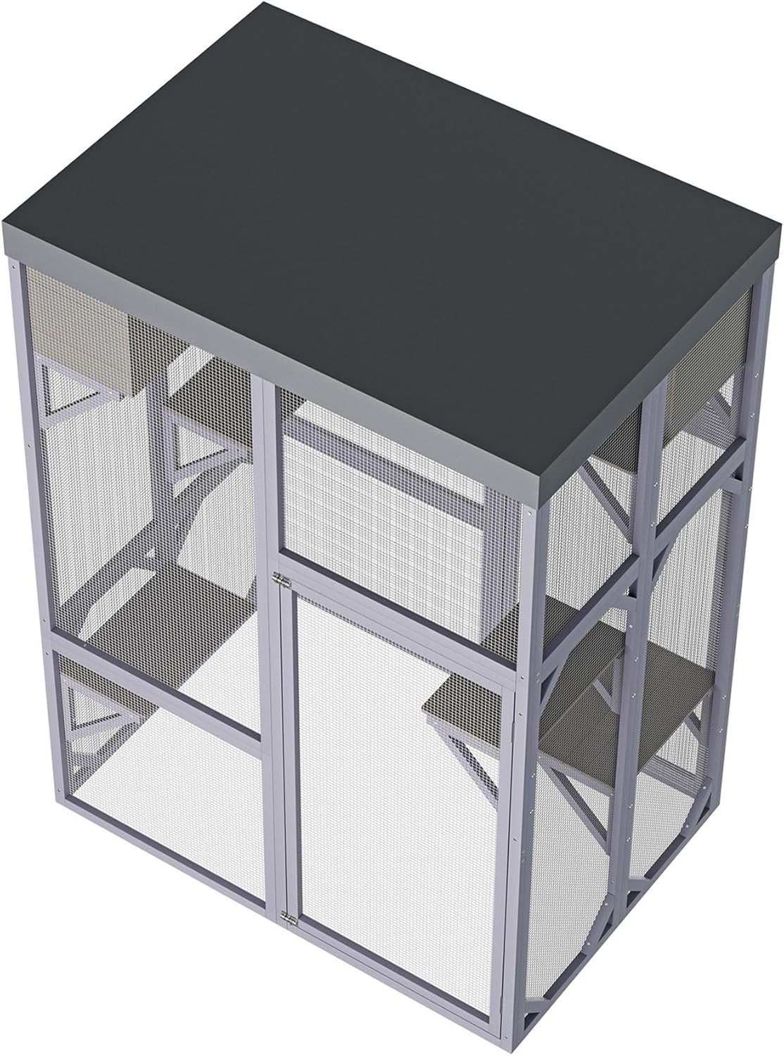 70" Large Wooden Catio Outdoor Cat Enclosure, Cat House with 4 Platforms, 2 Napping Houses, 2 Secure Locks & Rounded Corners, Spacious Pet Shelter for Multiple Cats