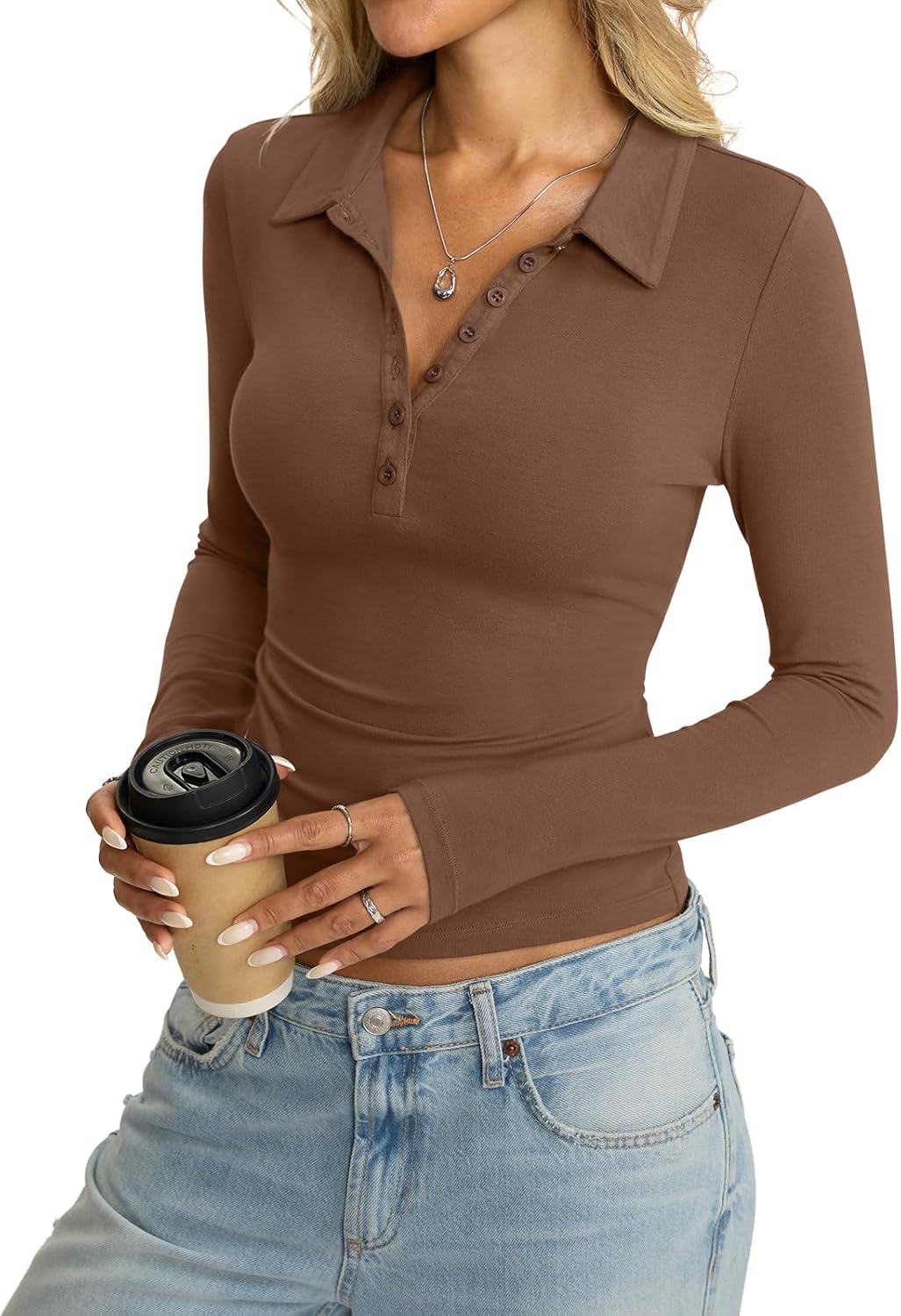 Womens Cotton Polo Collared Shirt Long Sleeve Sexy Deep V Neck Top Button Up Slim Fitted Tee Business Casual Outfit - Image 3