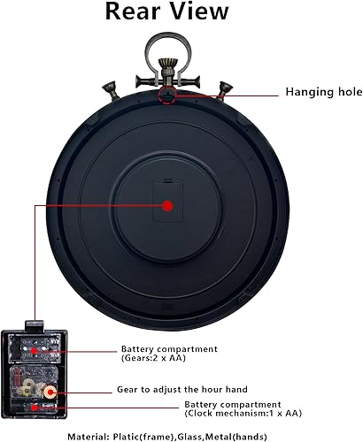 Miniatura 6 de Reloj de pared grande decorativo de 24 pulgadas, engranajes steampunk industriales de gran tamaño, reloj de pared con números grandes para