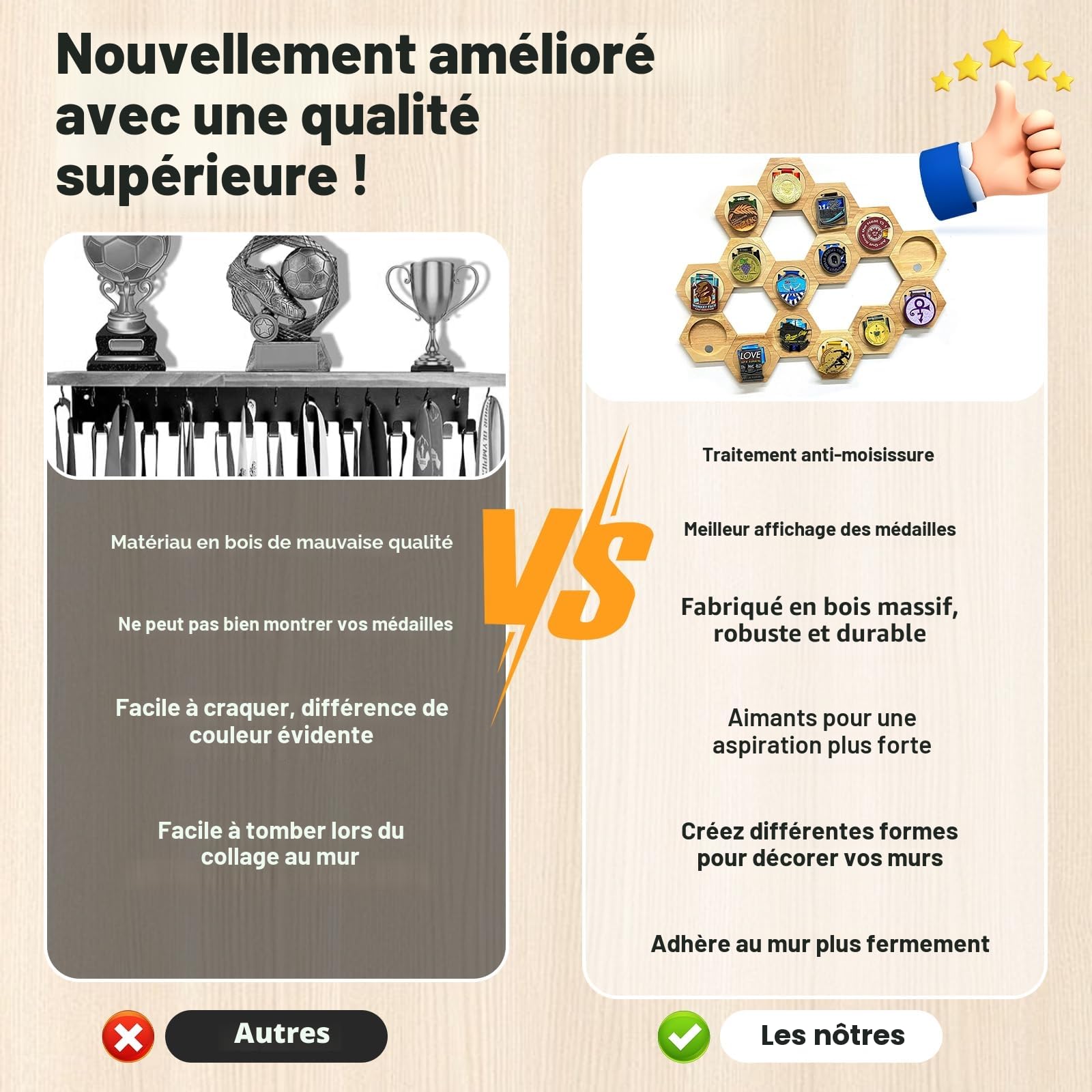 Porte-médailles avec présentoir, porte-médailles de course, support en nid d'abeille pour mur - Idéal pour les sports, les marathons et les championnats - Élégant coffret à médailles en bois