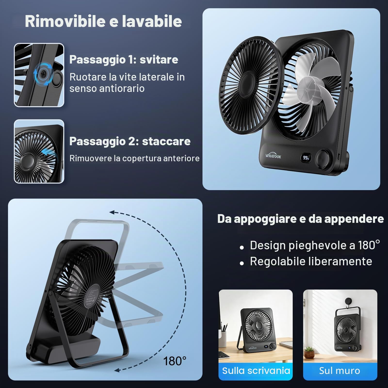WHATOOK Ventilatore da Tavolo Portatile Ricaricabile 10000mAh, Autonomia 40h, USB C Silenzioso 30dB, 100 Velocità, Display Auto-Off, Griglia Lavabile, Gancio per Campeggio Ufficio Camera