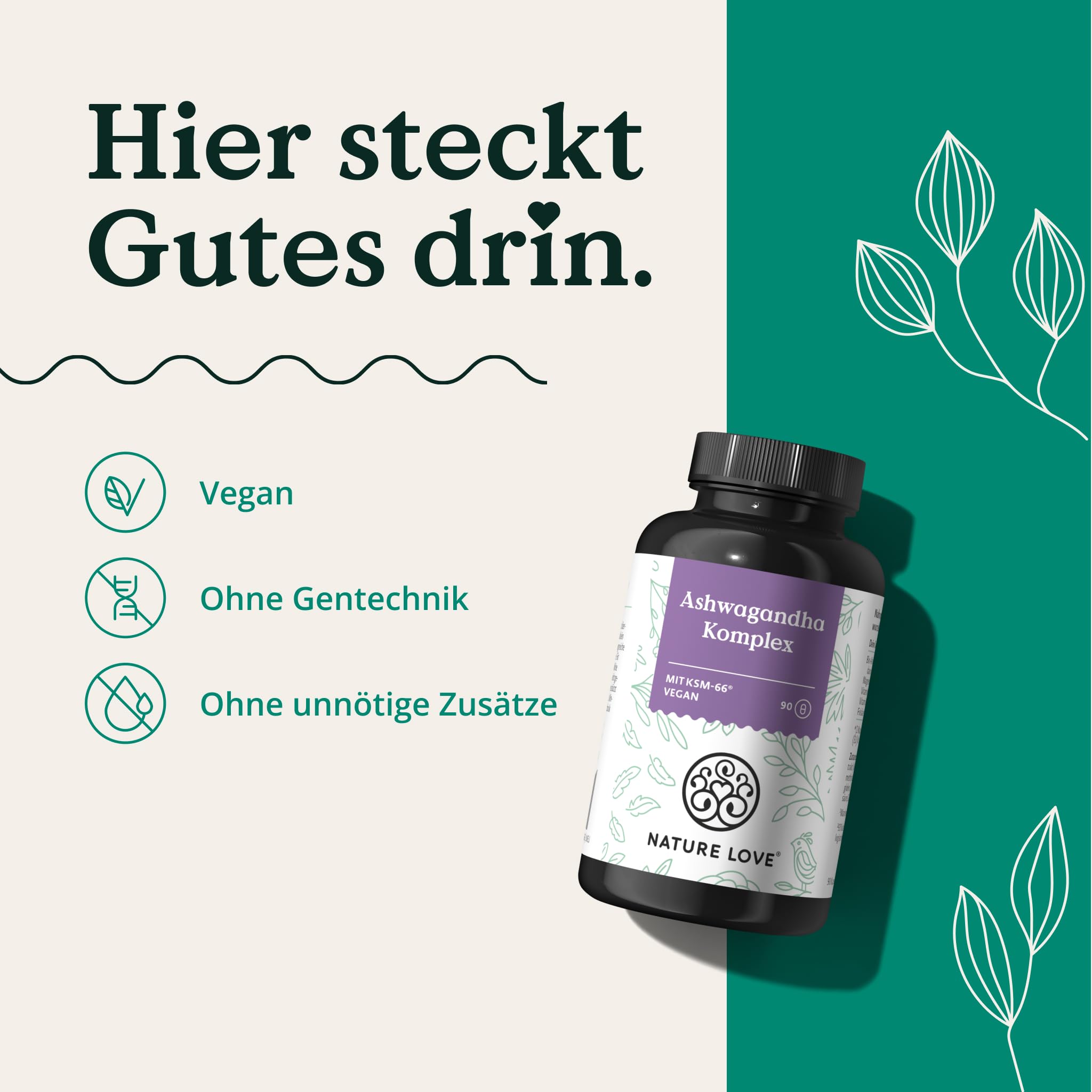 NATURE LOVE® Ashwagandha Komplex – 600mg Ashwagandha pro Tagesdosis – 90 Kapseln – mit KSM-66, Magnesium, Folsäure und Vitamin C und B6 – hochdosiert & vegan – in Deutschland produziert