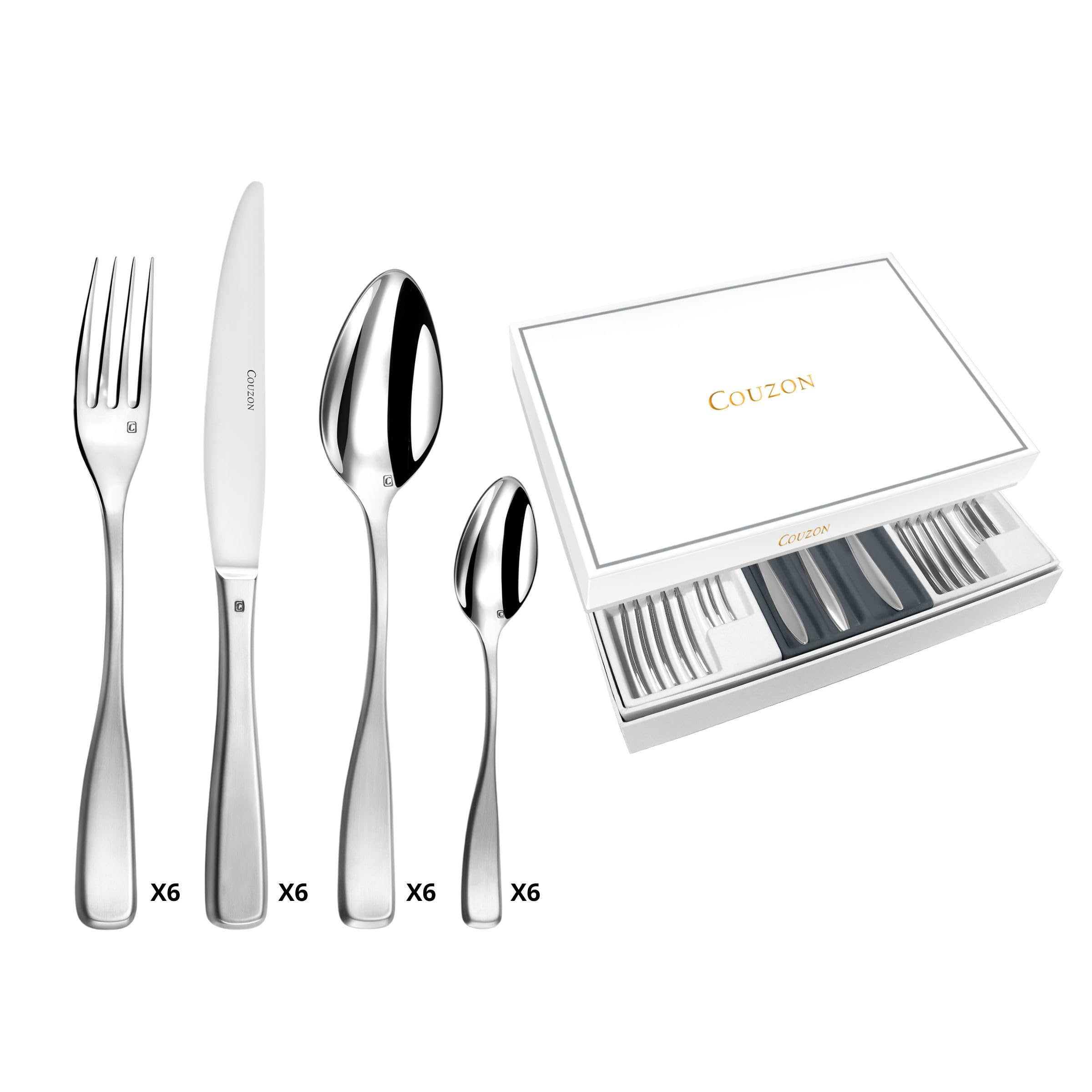COUZON - Ménagère 24 couverts de table en coffret pour 6 personnes - Millenium - Acier inoxydable 18/10, Finition Satinée, Epaisseur 3.5 mm - Inox
