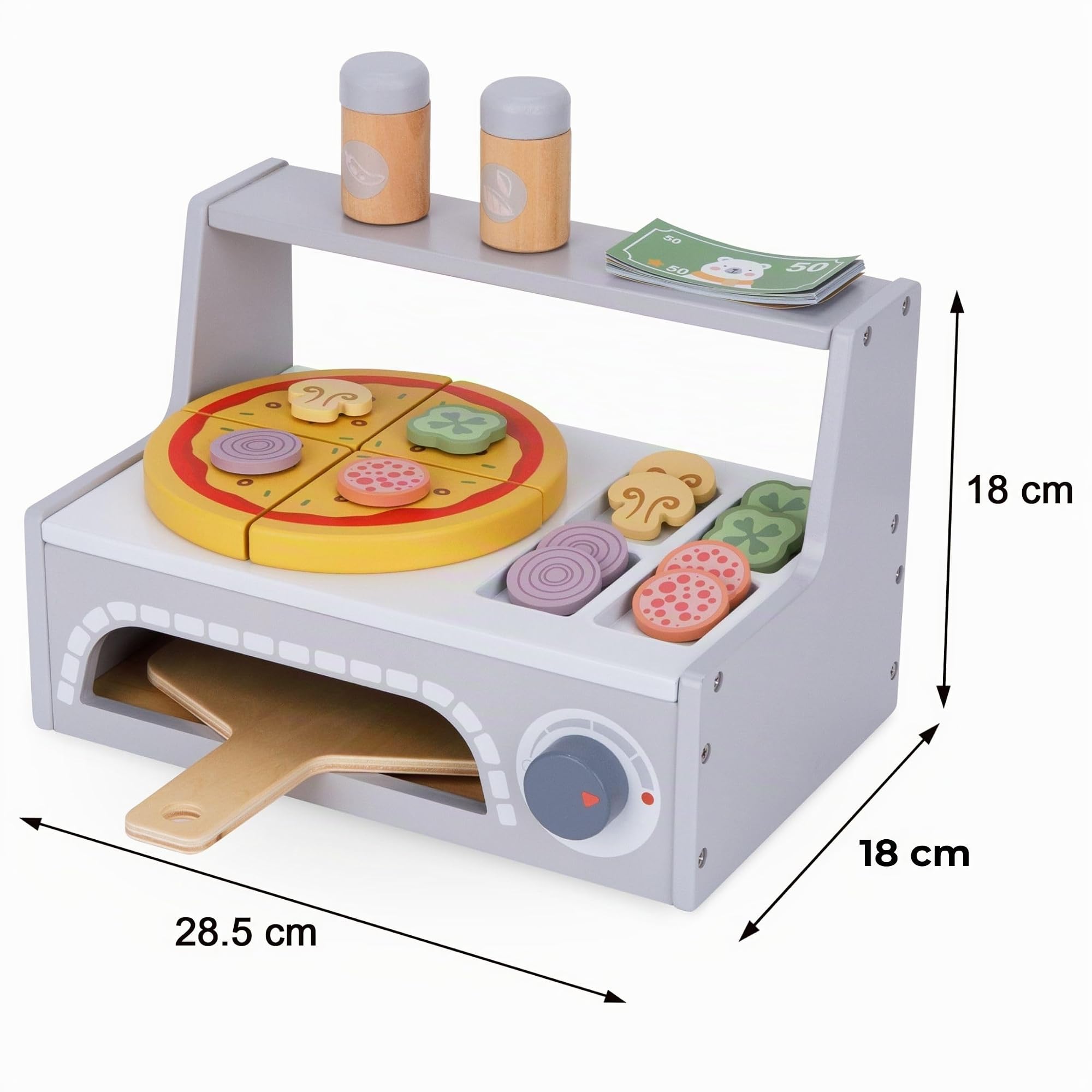Mamabrum Set de Cuisson Pizza en Bois - Four, Morceaux de avec Velcro, Spatule, Coupe-Pizza - Jeu de Rôle Cuisine Italien 28,5 cm - Jouet Éducatif 3+ Ans (7 Pièces)