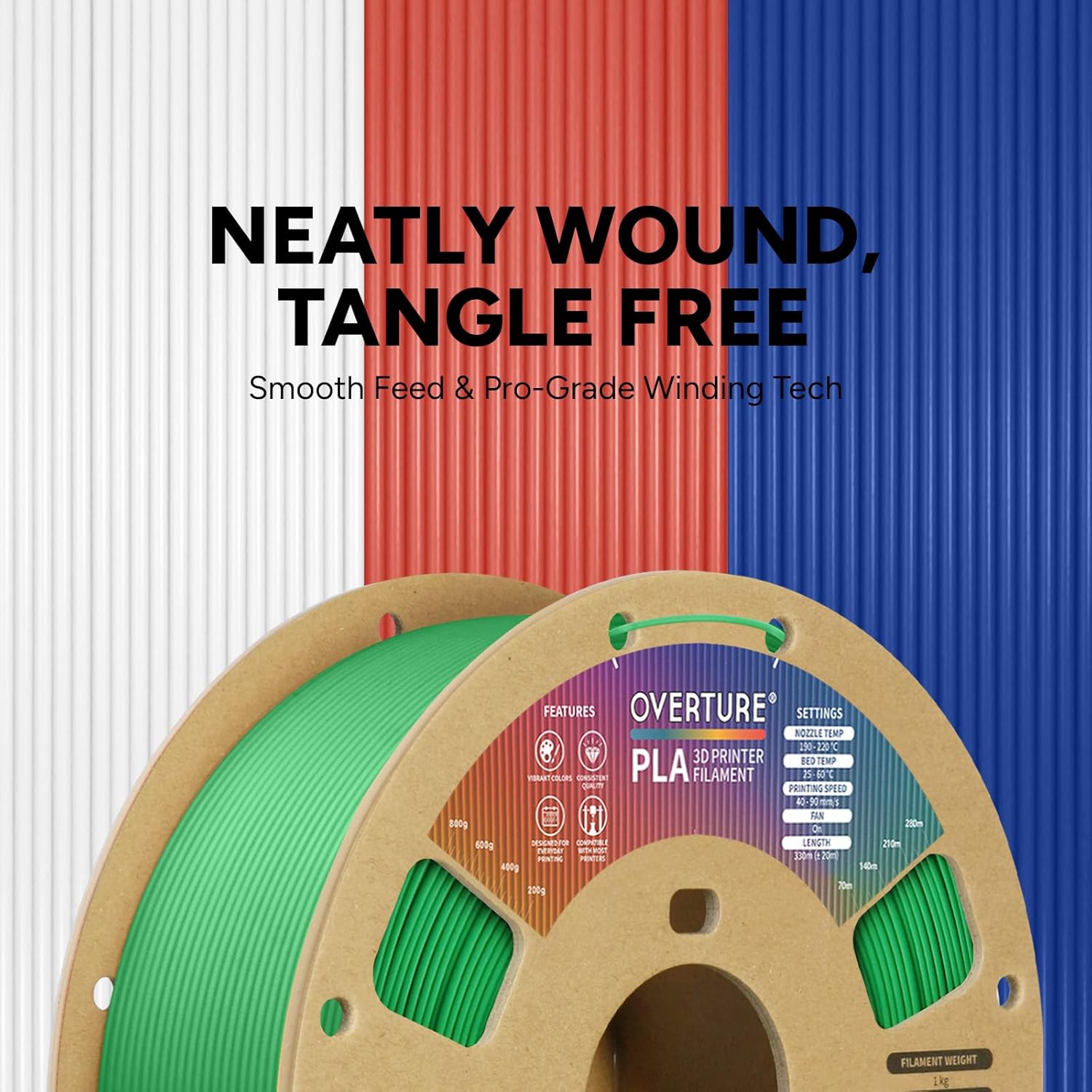 OVERTURE PLA Filament 1.75mm, Neatly Wound 3D Printer Filament 1kg Spool (2.2lbs), Dimensional Accuracy +/- 0.02 mm, Fit Most FDM 3D Printers (Green)