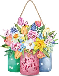 Capoda Hello Spring Door Sign Colorful Floral Spring Hanging Sign Happy Welcome Door Signs Rustic Wood Wall Hanging Decor for Easter Party Outdoor Indoor Front Doors Decor(Multicolor, Flower Style)