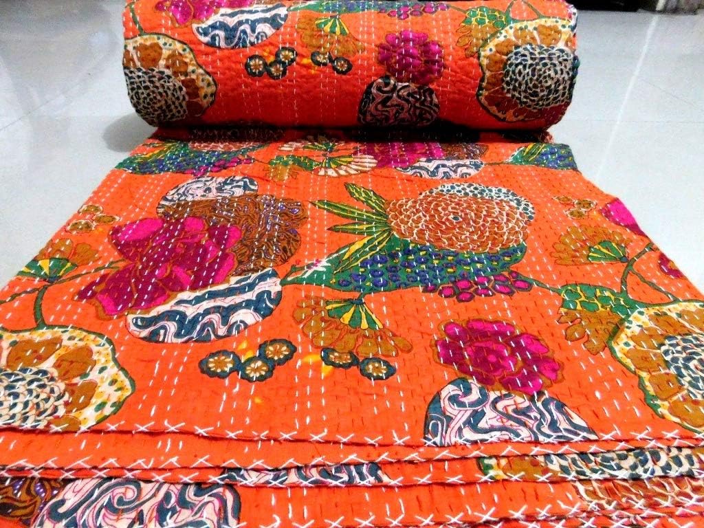 YUVANCRAFTS Indian Handmade Kantha Quilt Pure Cotton Traditional Floral and Fruits Screen Print Queen Blanket Bedspreads Throw