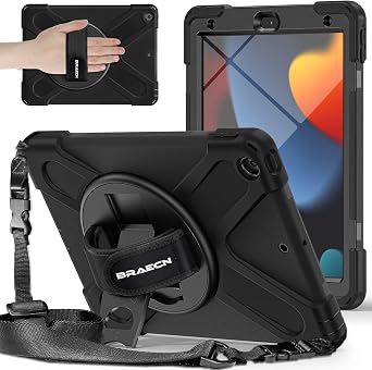 BRAECNstock Shockproof Case for iPad 9th/8th/7th Gen 10.2", Black-2 | All-in-1 Case, Hand Strap & Stand, Shoulder Straps, Pencil Holder, Screen Protector For Office, Commute & Presentation