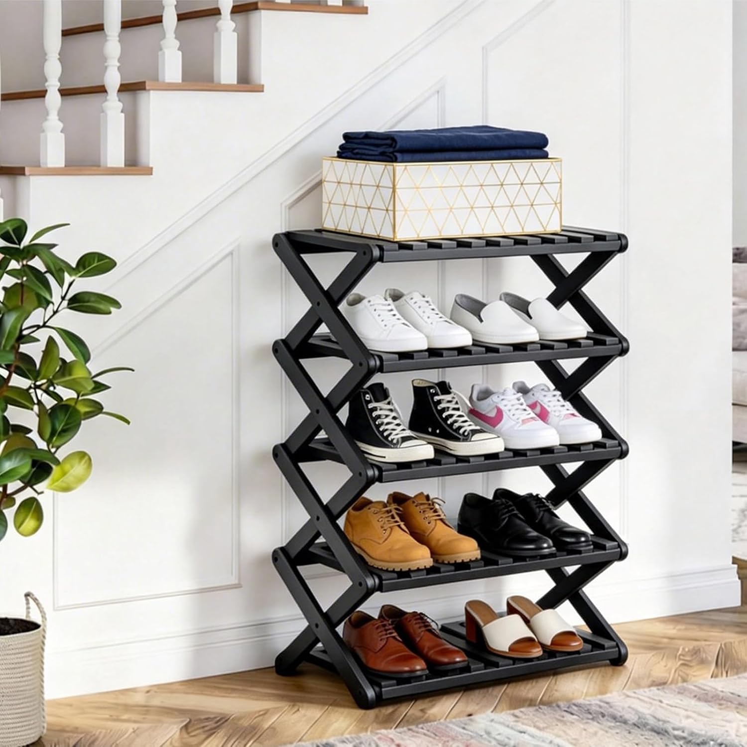 5 Tier Bamboo Shoe Rack Black,Portable Folding Shoe Storage Rack,Without Installation Small Shoe Rack Perfect for Corridors, Drom, Bedrooms and Small Spaces