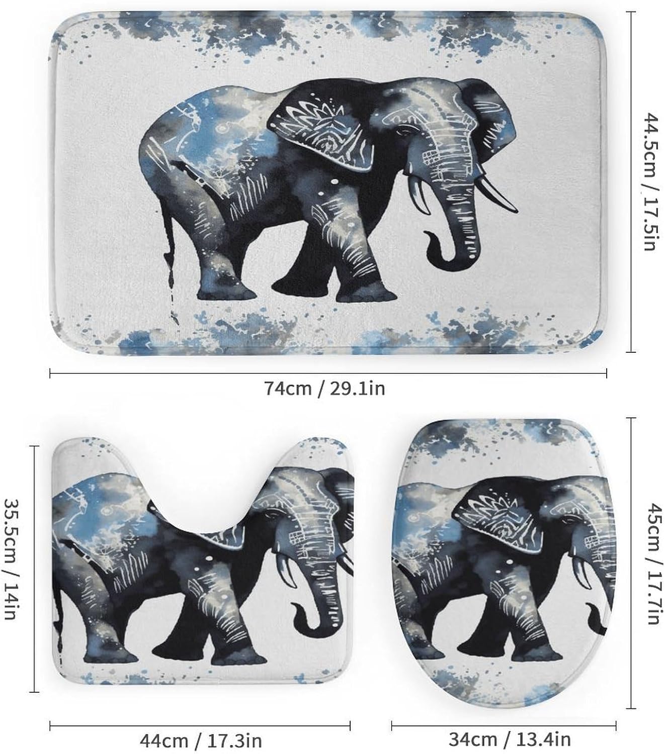 Elephant-Blue Black 4Pcs Shower Curtain Set with Non-Slip Rugs, Toilet Lid Cover and Bath Mat,Bathroom Set Decor Accessories,Curtain Set with 12 Hooks, 72 X 72 Inch