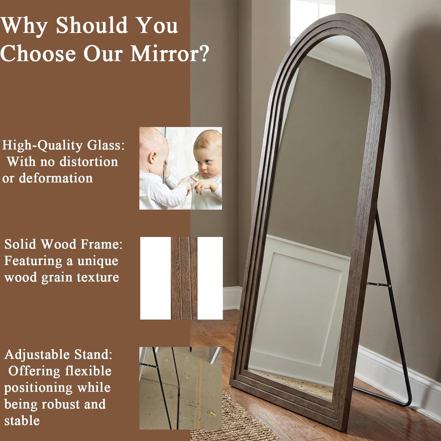 71x32 Inch Arched Full Length Mirror with Solid Wood Frame Wall Mounted Floor Mirror, Vertical Hanging Leaning Standing Mirror for Living Room, Bedroom, Entryway, Brown
